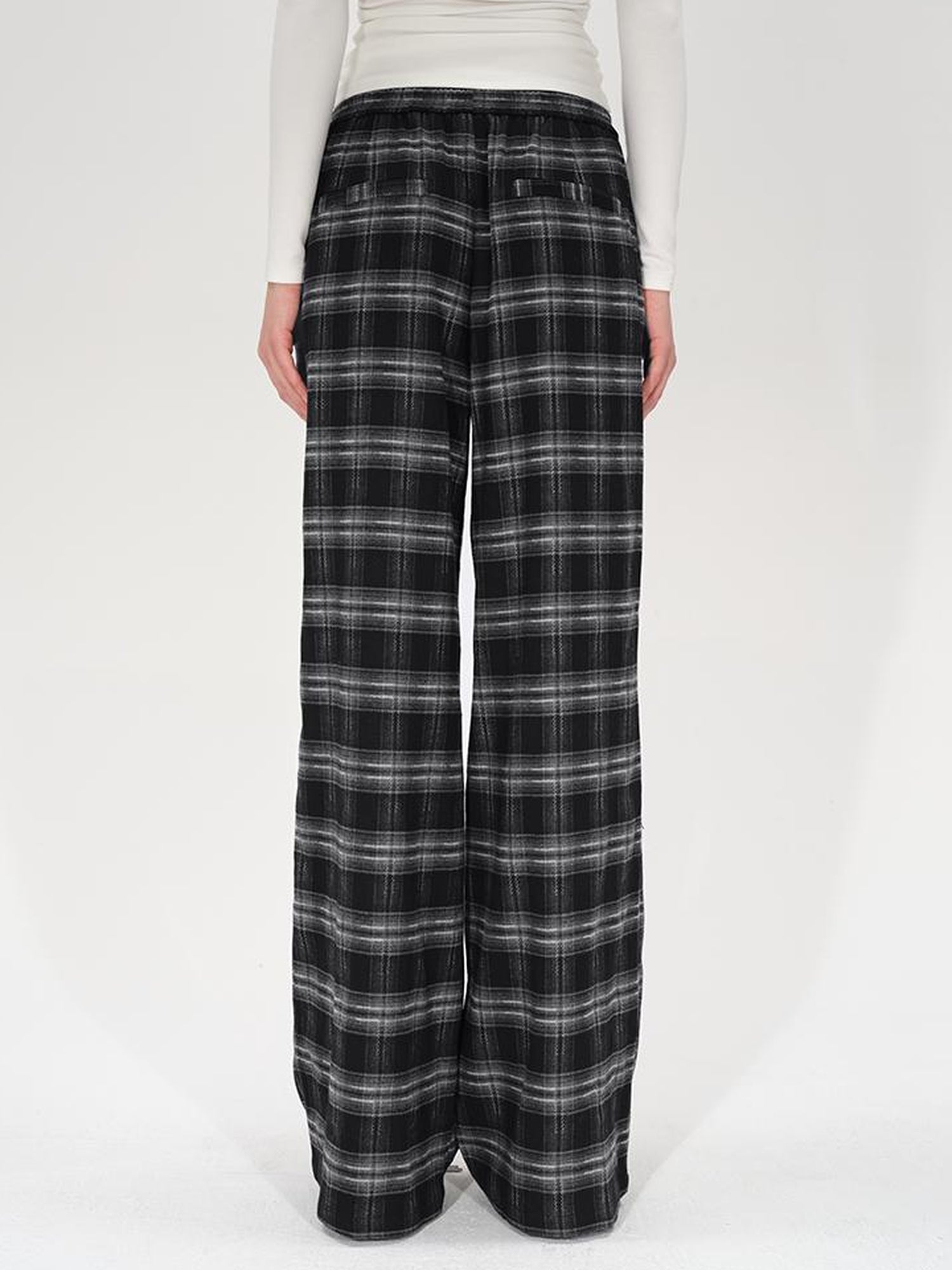 AFTADAWN Retro Checkered Drawstring High Waisted Wide Leg Pants