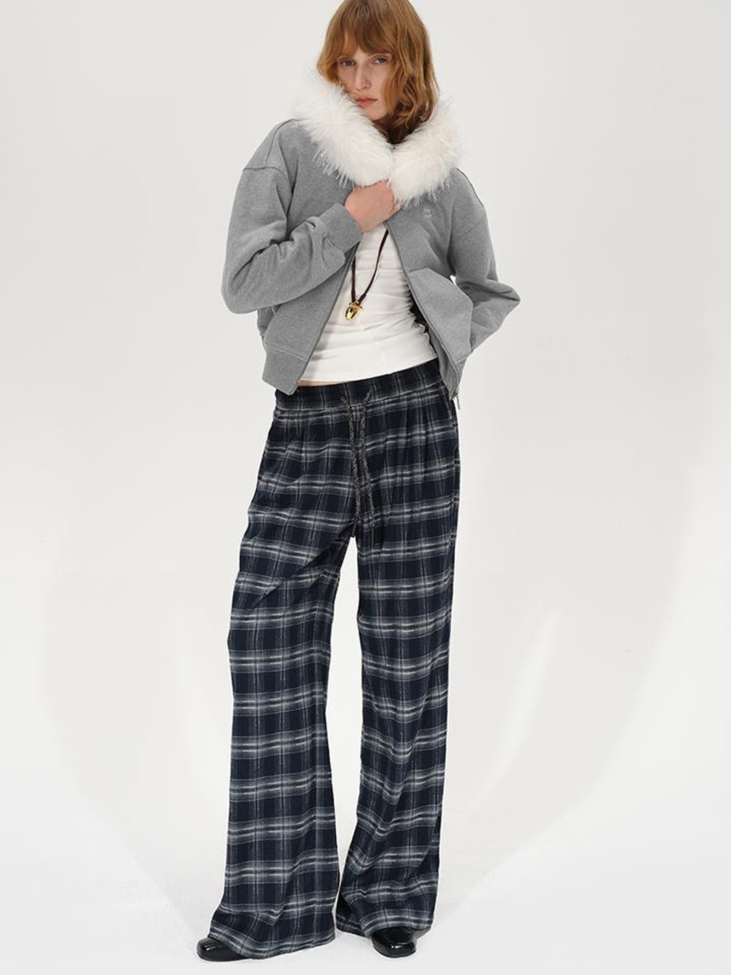 AFTADAWN Retro Checkered Drawstring High Waisted Wide Leg Pants