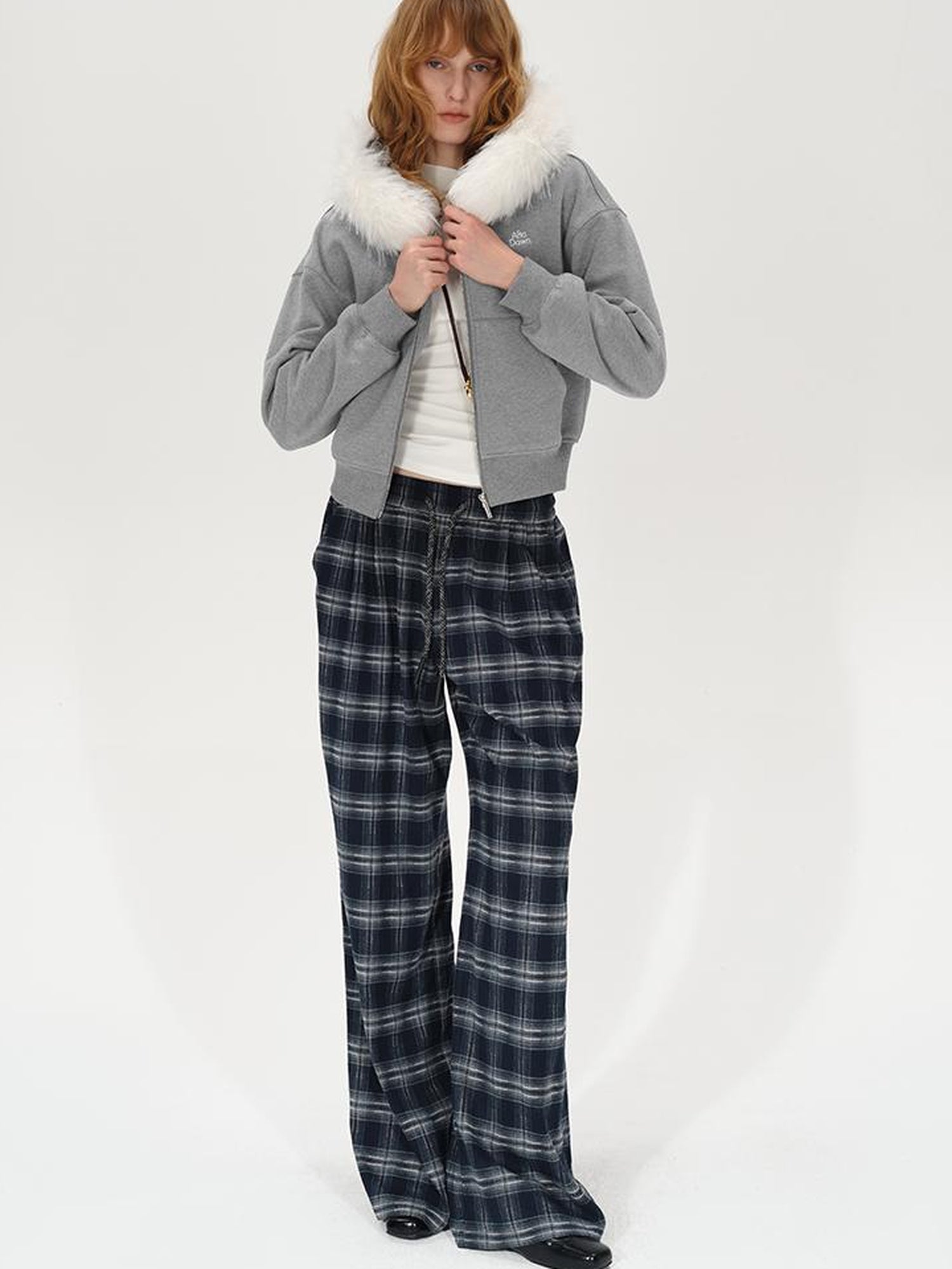 AFTADAWN Retro Checkered Drawstring High Waisted Wide Leg Pants