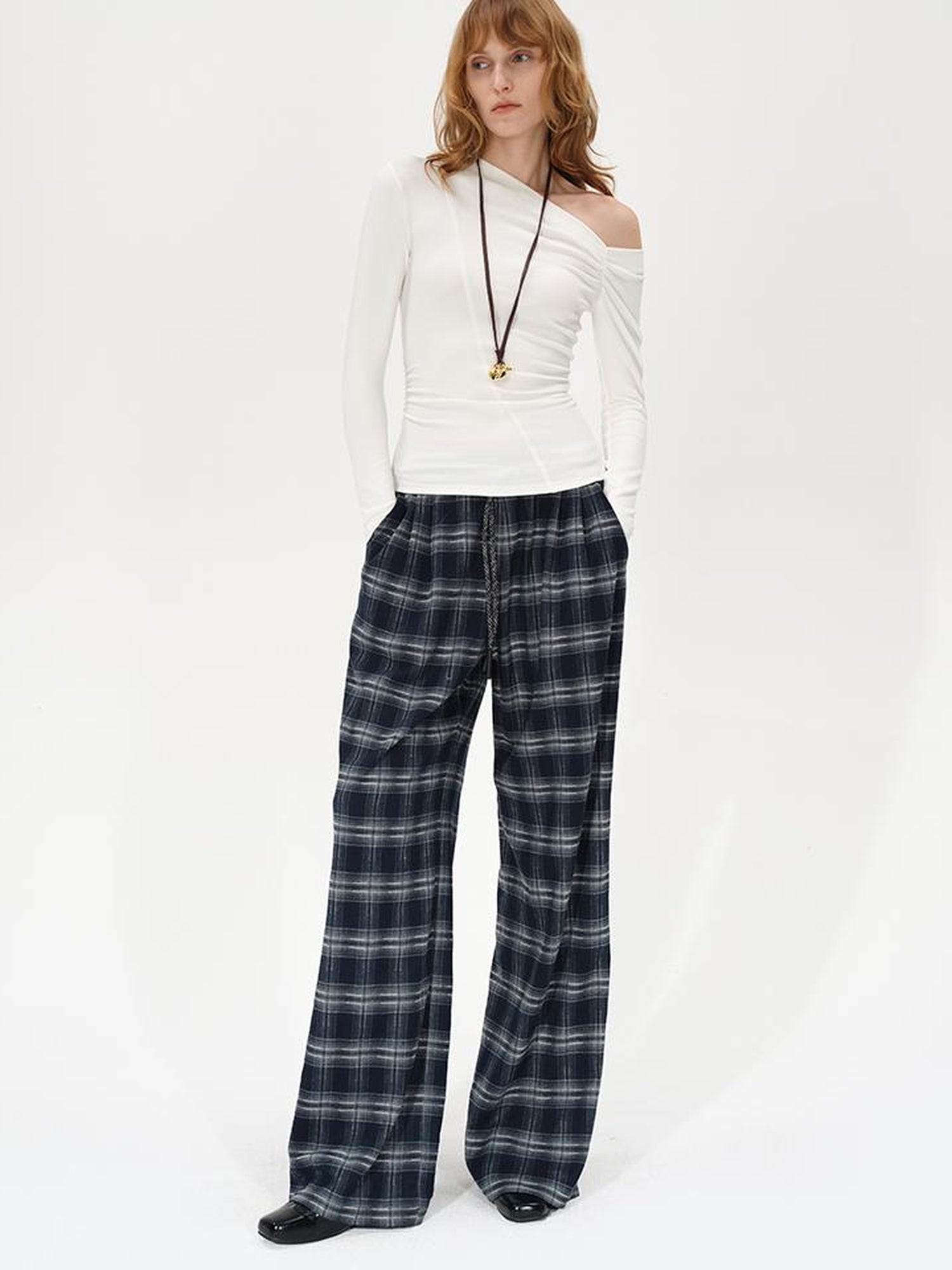AFTADAWN Retro Checkered Drawstring High Waisted Wide Leg Pants
