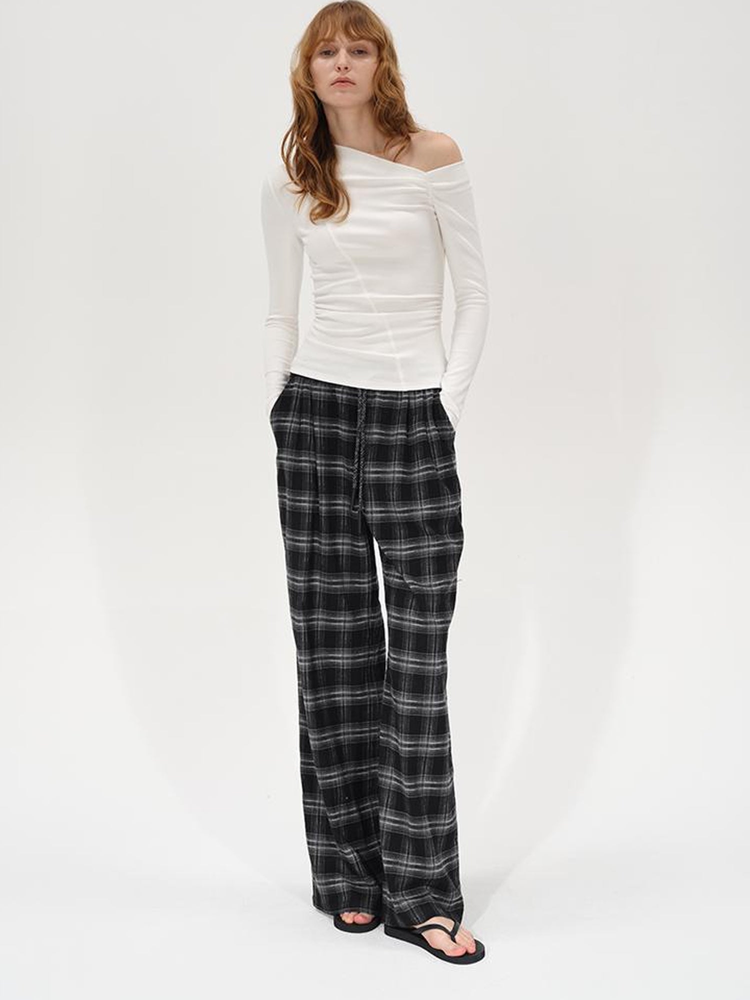 AFTADAWN Retro Checkered Drawstring High Waisted Wide Leg Pants