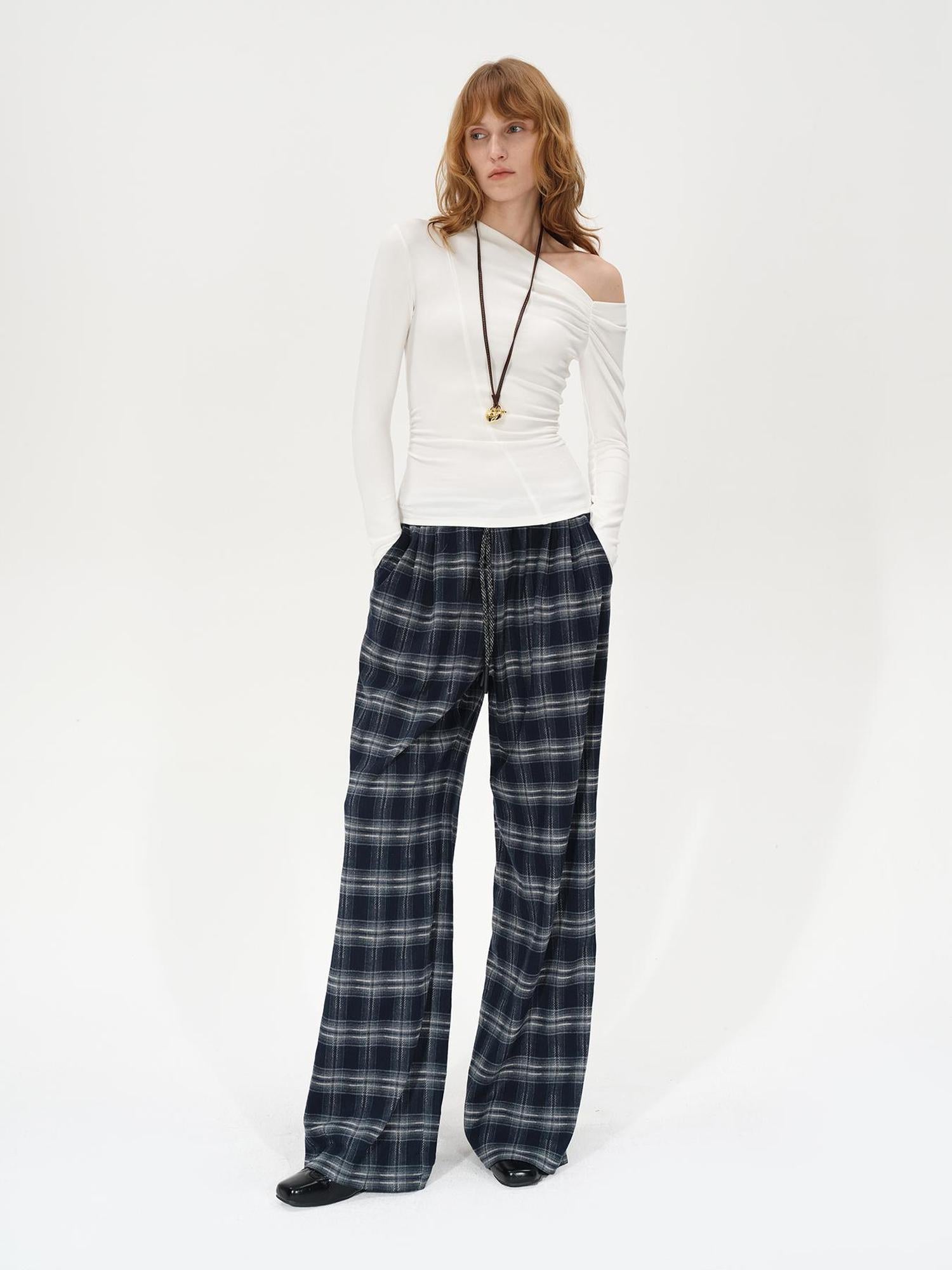 AFTADAWN Retro Checkered Drawstring High Waisted Wide Leg Pants