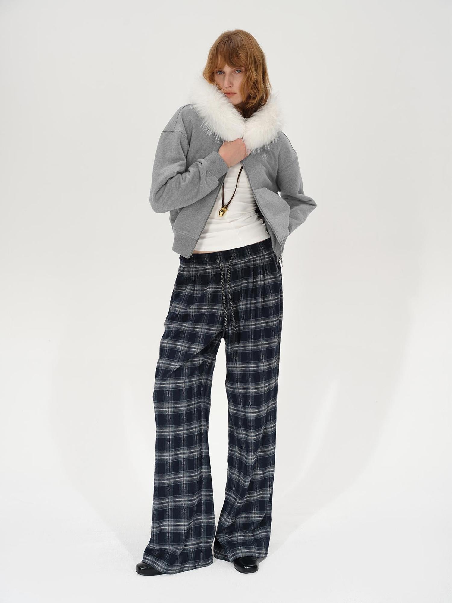 AFTADAWN Retro Checkered Drawstring High Waisted Wide Leg Pants
