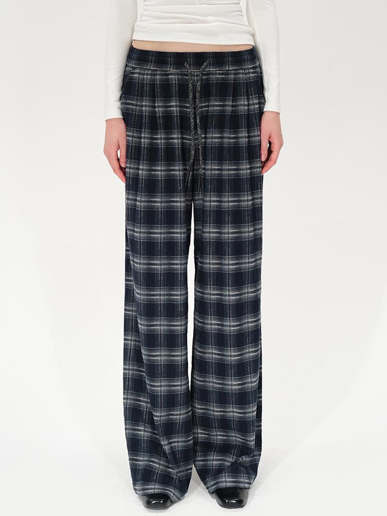 AFTADAWN Retro Checkered Drawstring High Waisted Wide Leg Pants