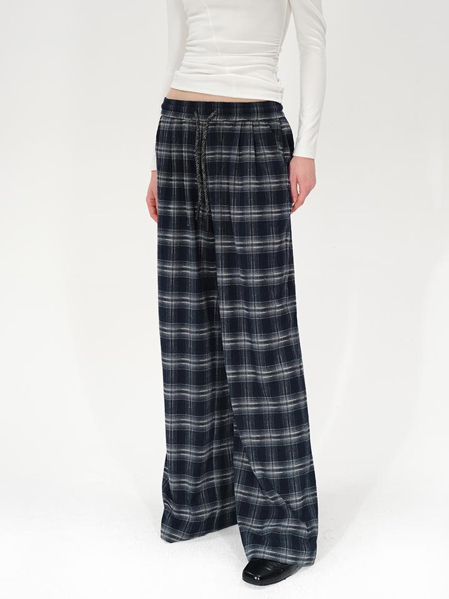 AFTADAWN Retro Checkered Drawstring High Waisted Wide Leg Pants