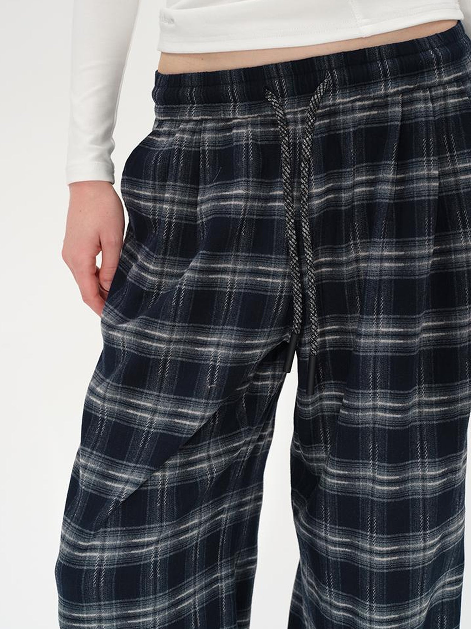 AFTADAWN Retro Checkered Drawstring High Waisted Wide Leg Pants