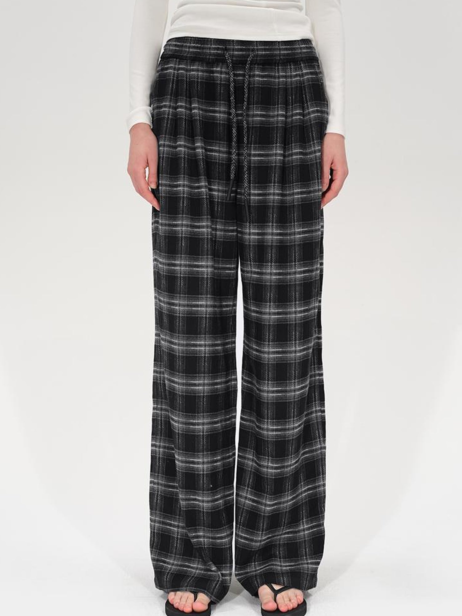AFTADAWN Retro Checkered Drawstring High Waisted Wide Leg Pants
