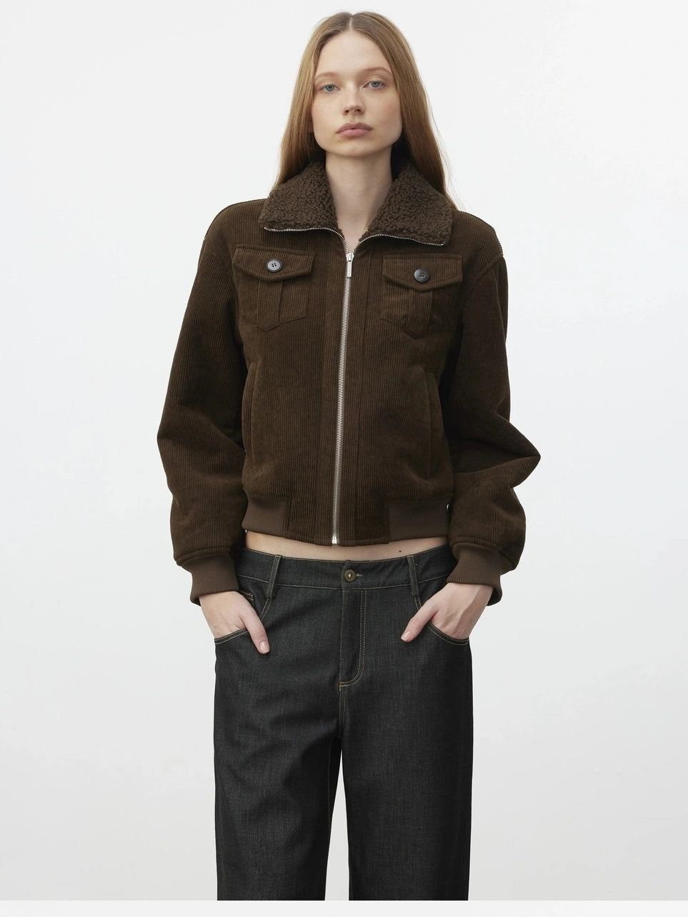 AFTADAWN Retro Collar Shearling Lined Short Jacket Jacket