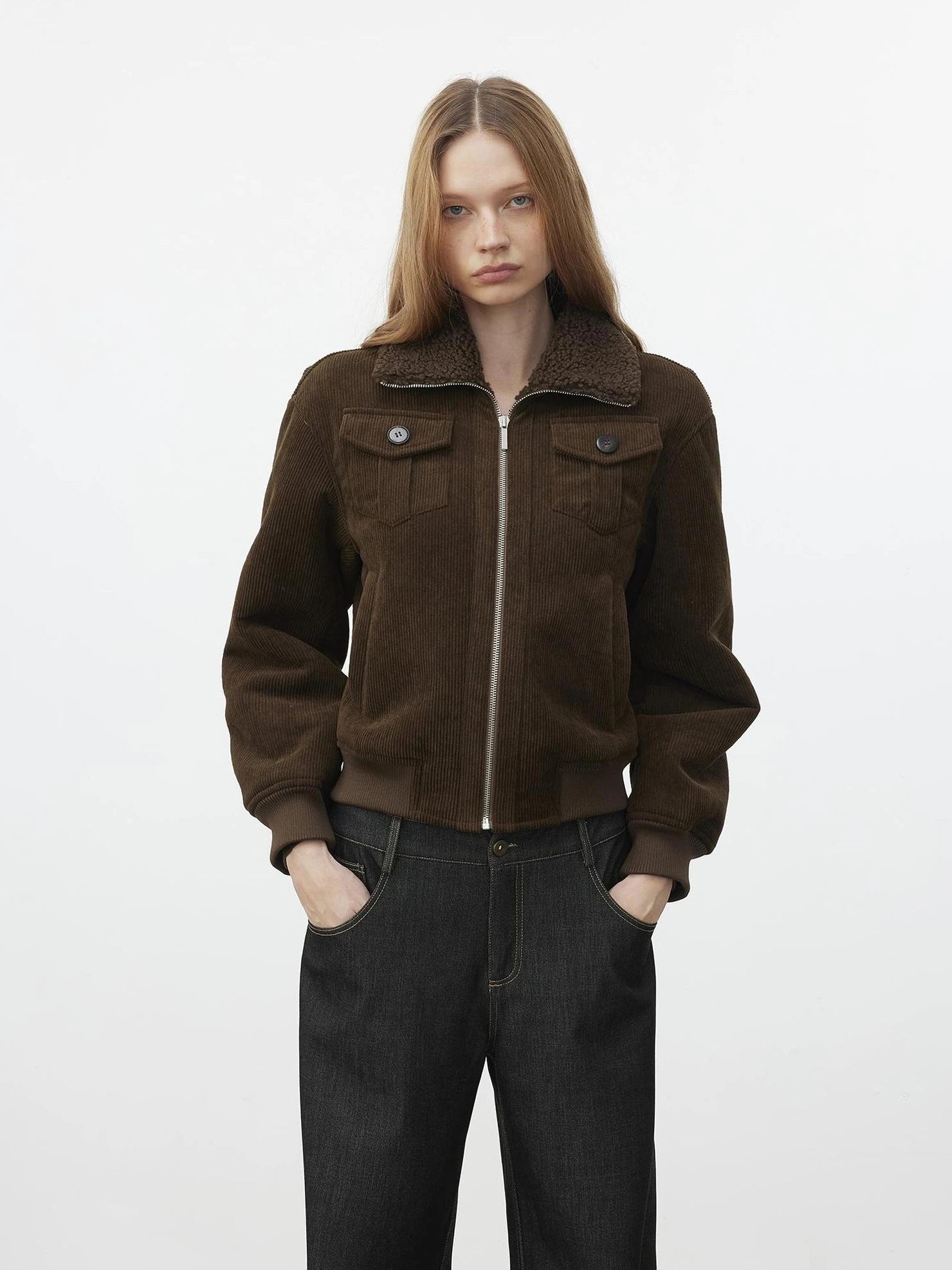AFTADAWN Retro Collar Shearling Lined Short Jacket Jacket