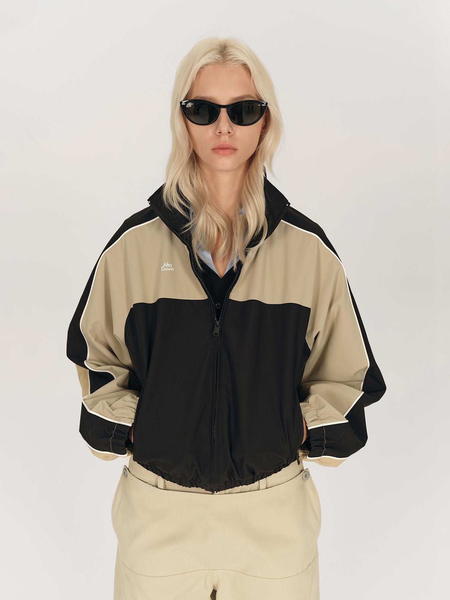 AFTADAWN Retro Color Block Stand Collar Loose Sports Jacket