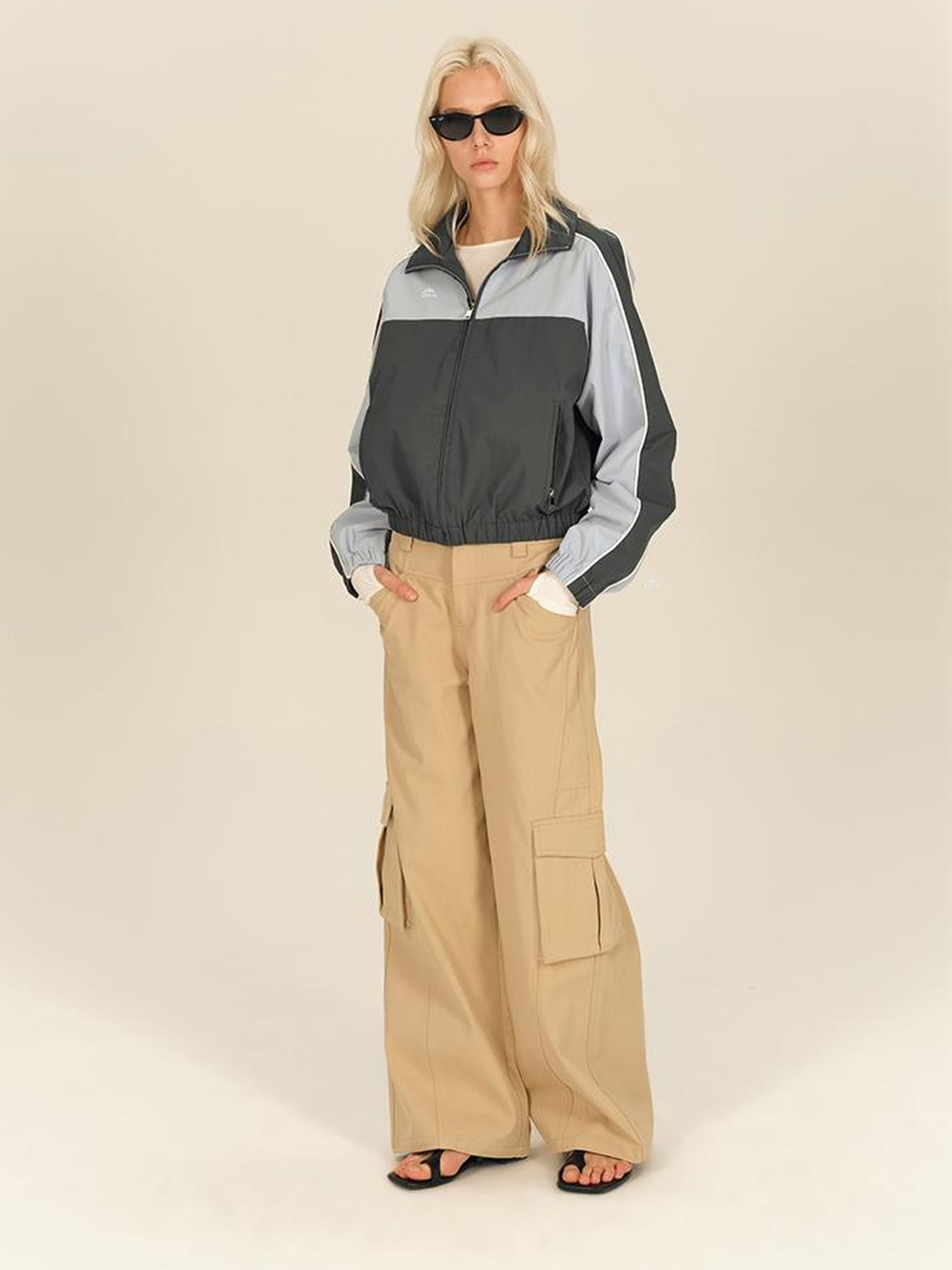 AFTADAWN Retro Color Block Stand Collar Loose Sports Jacket