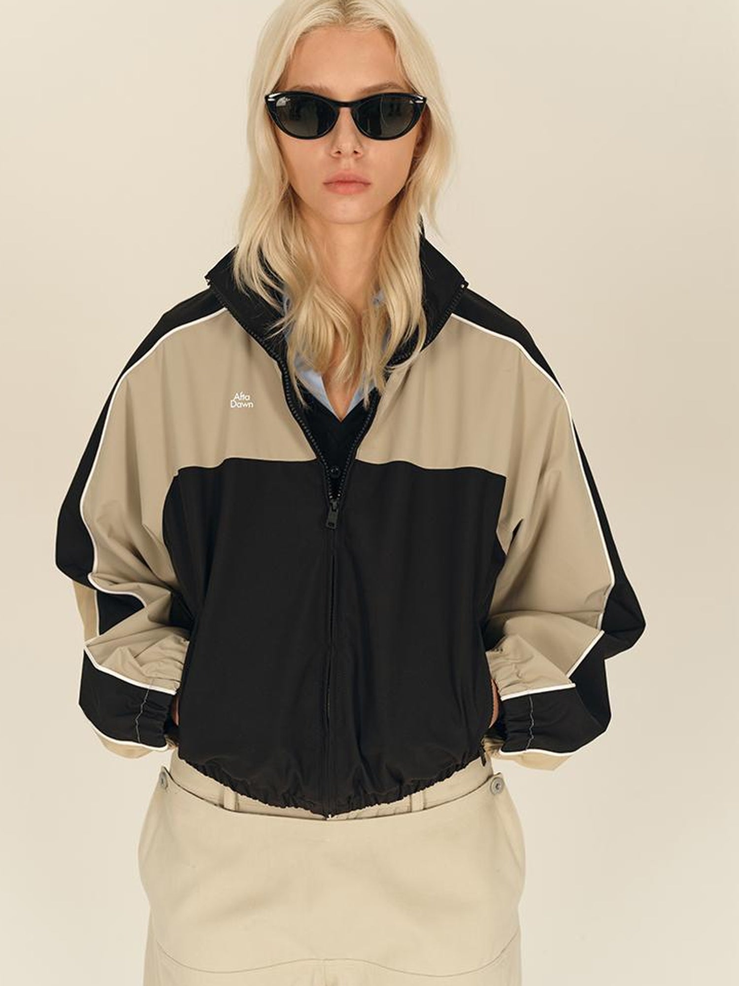 AFTADAWN Retro Color Block Stand Collar Loose Sports Jacket