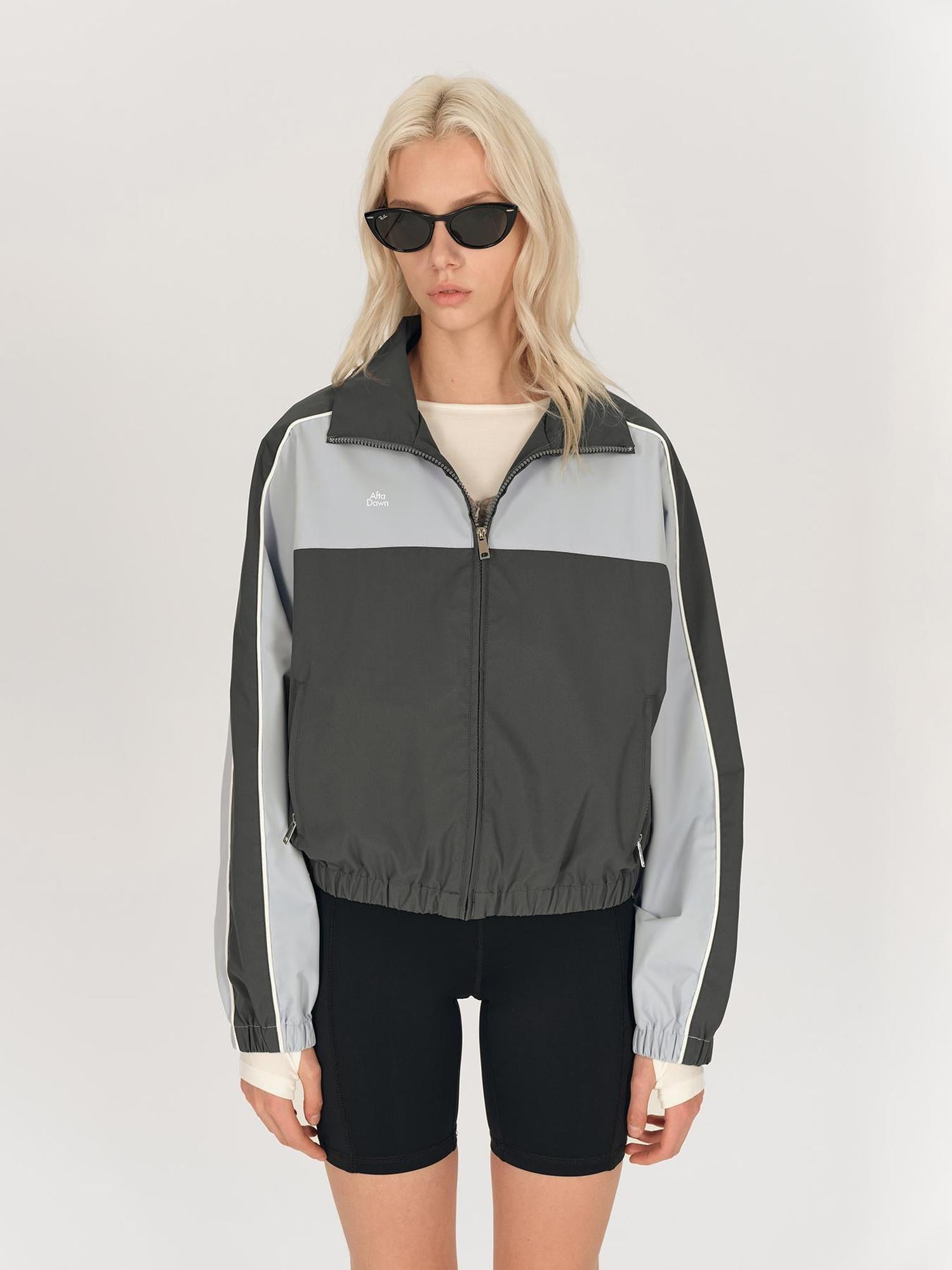 AFTADAWN Retro Color Block Stand Collar Loose Sports Jacket