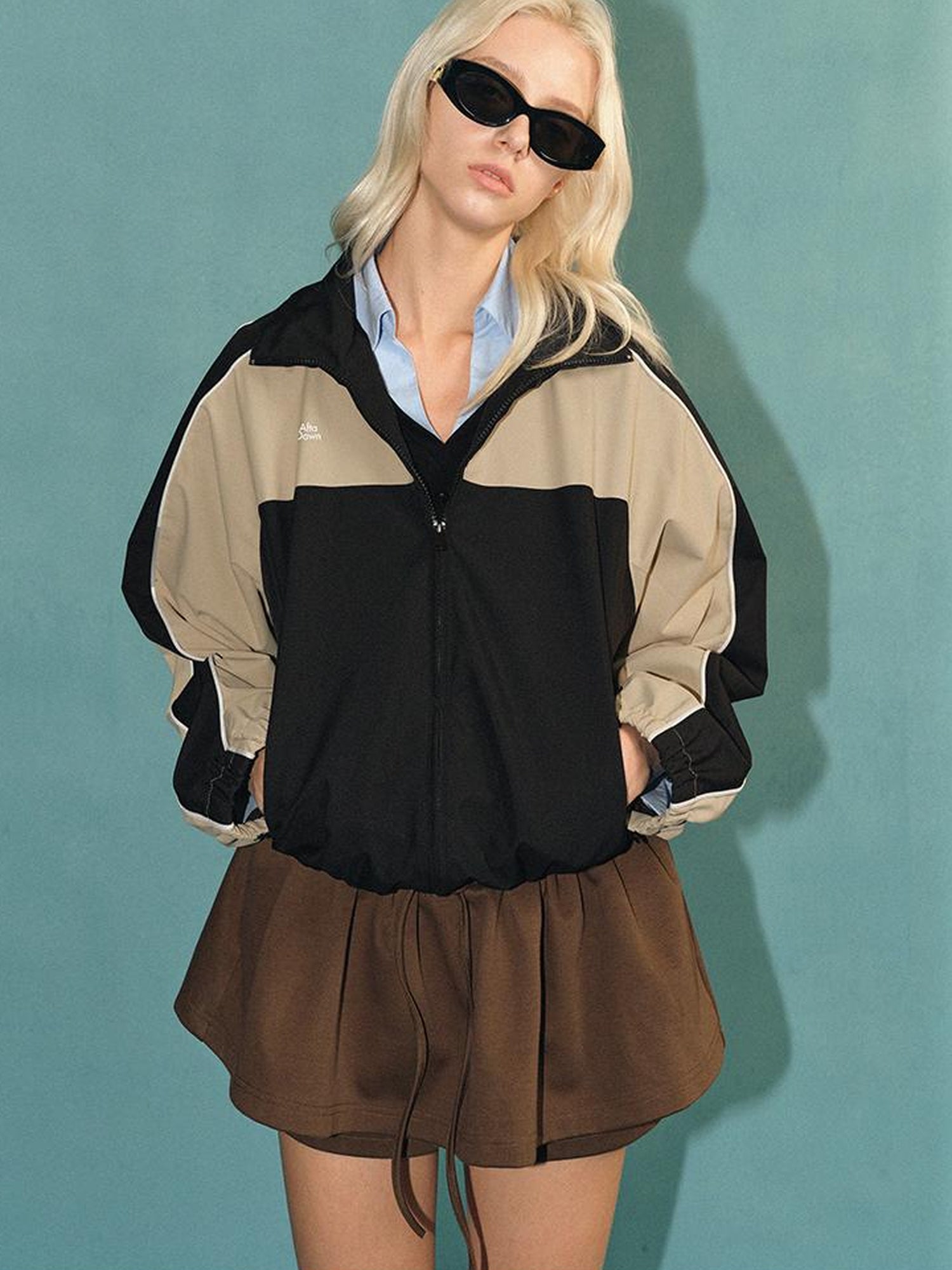 AFTADAWN Retro Color Block Stand Collar Loose Sports Jacket