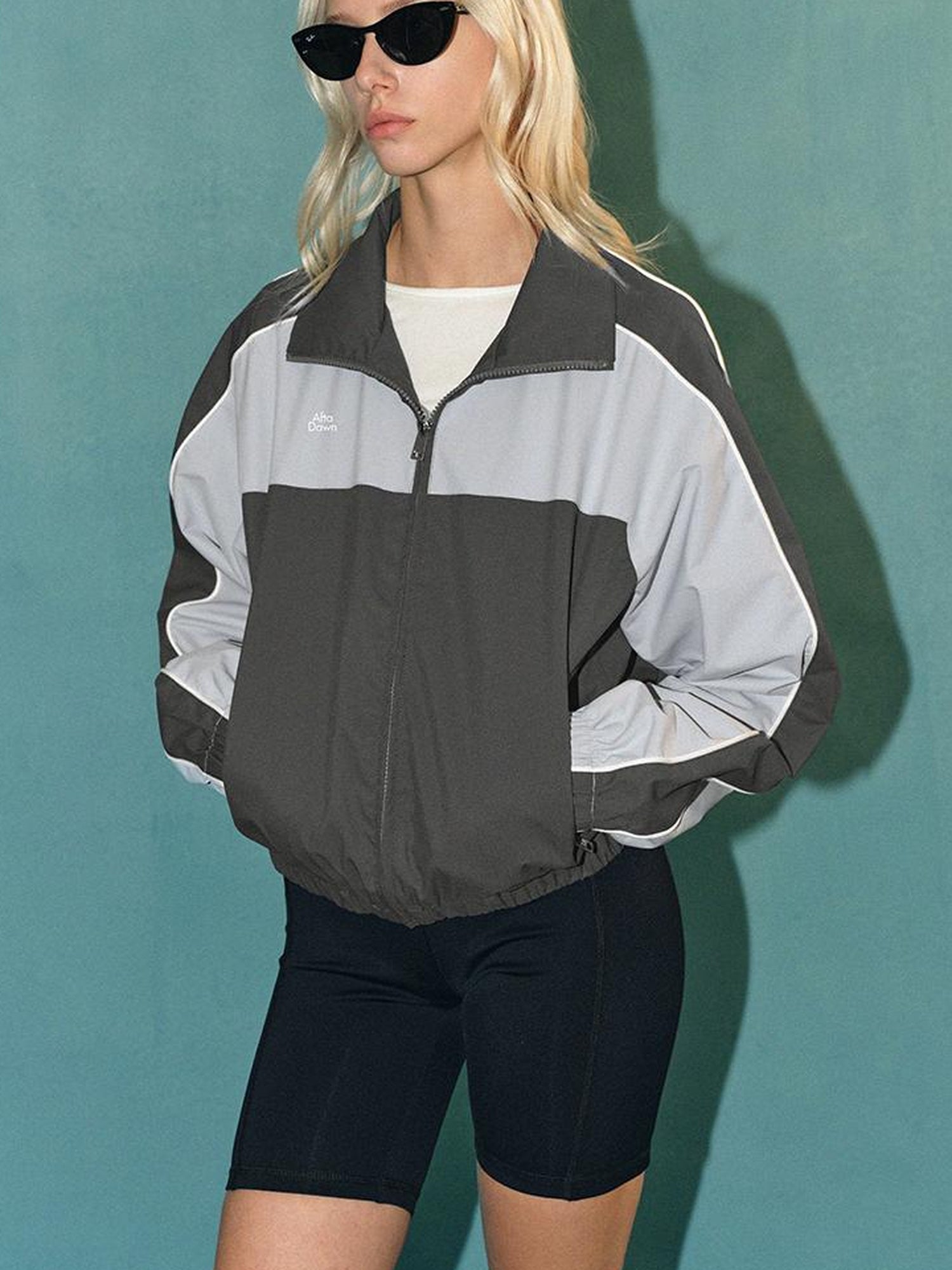 AFTADAWN Retro Color Block Stand Collar Loose Sports Jacket