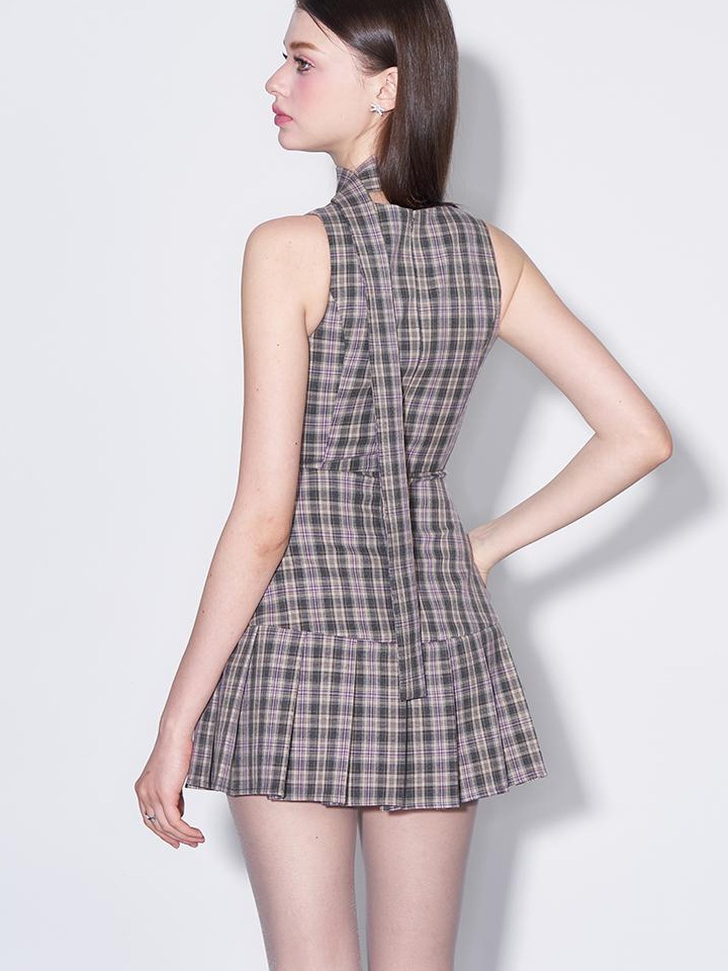 AFTADAWN Retro Plaid Bow Tie Waist A Line Dress