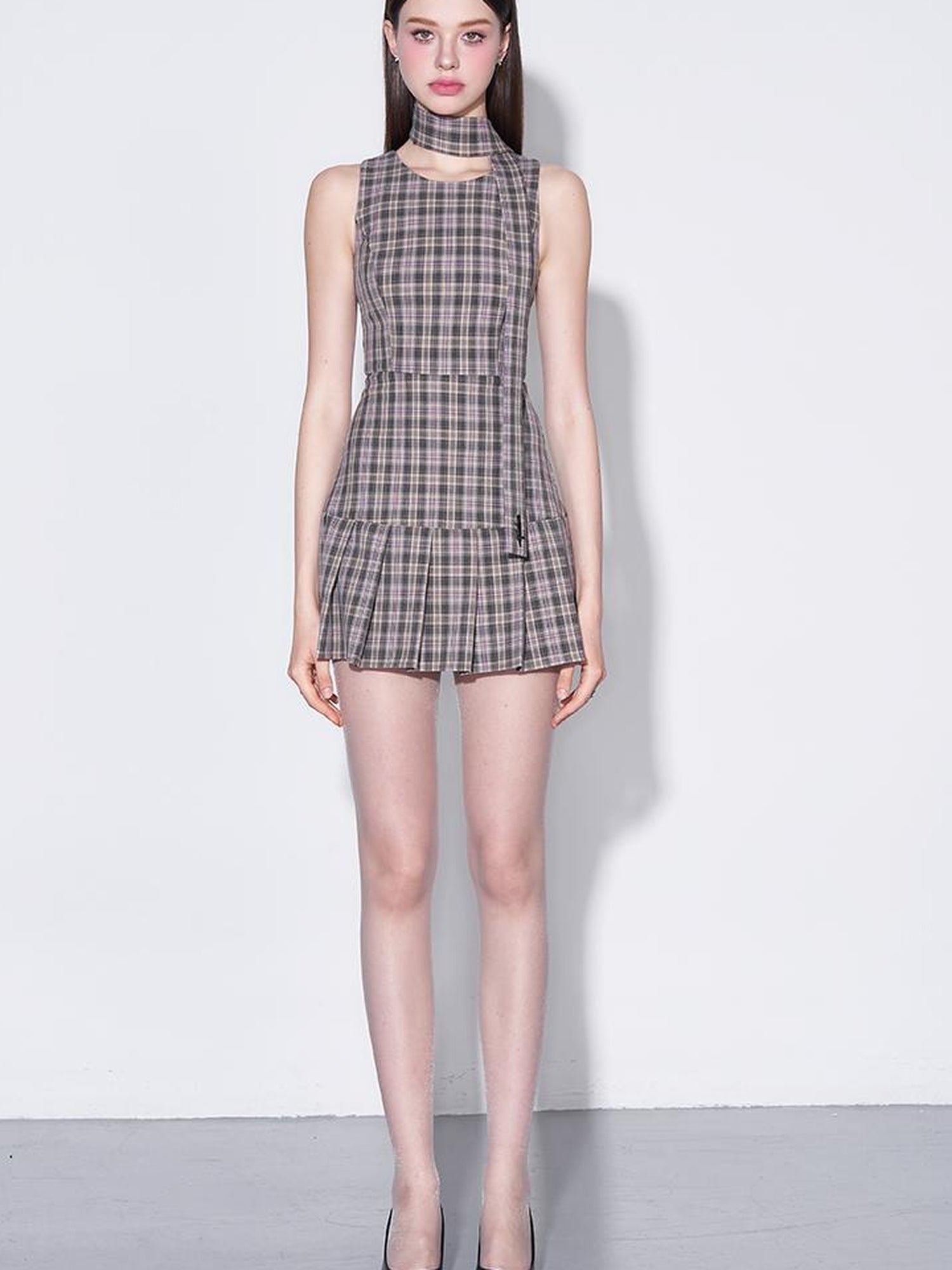 AFTADAWN Retro Plaid Bow Tie Waist A Line Dress