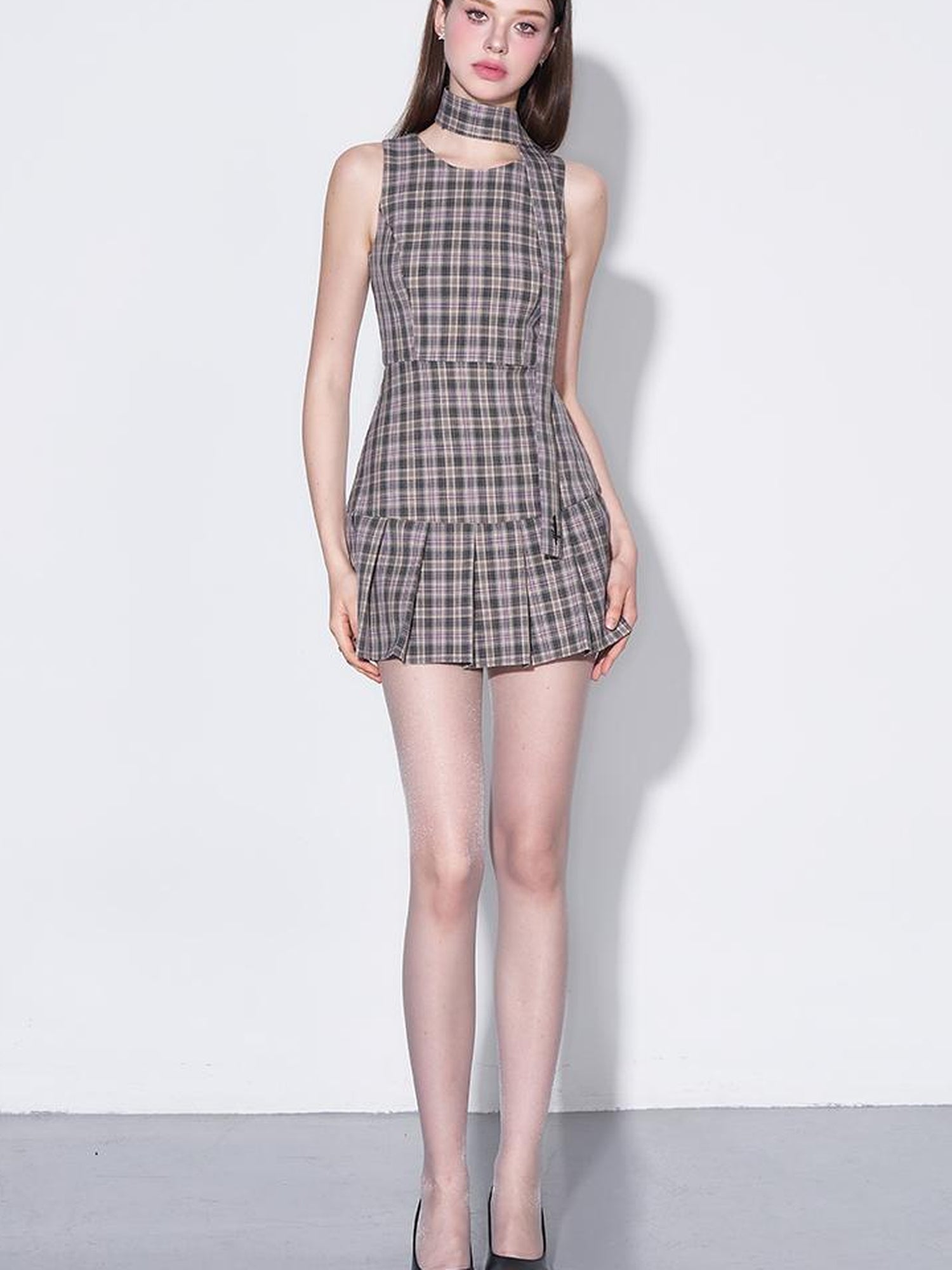 AFTADAWN Retro Plaid Bow Tie Waist A Line Dress