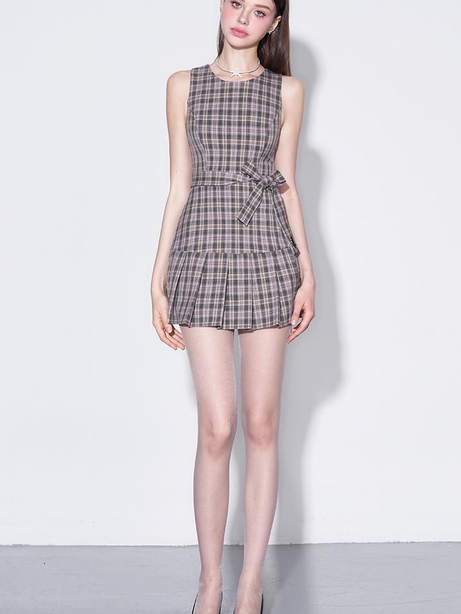 AFTADAWN Retro Plaid Bow Tie Waist A Line Dress
