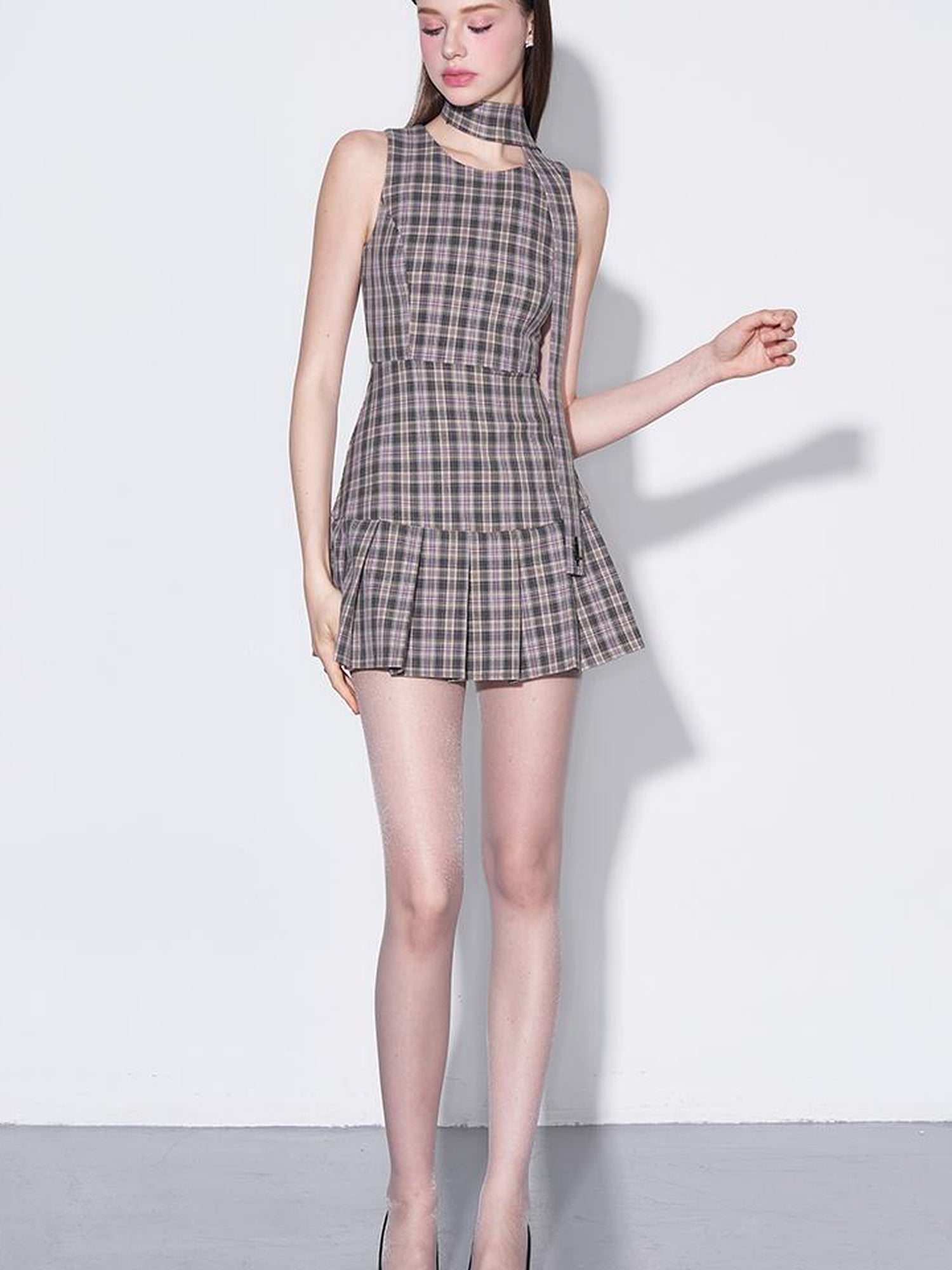 AFTADAWN Retro Plaid Bow Tie Waist A Line Dress