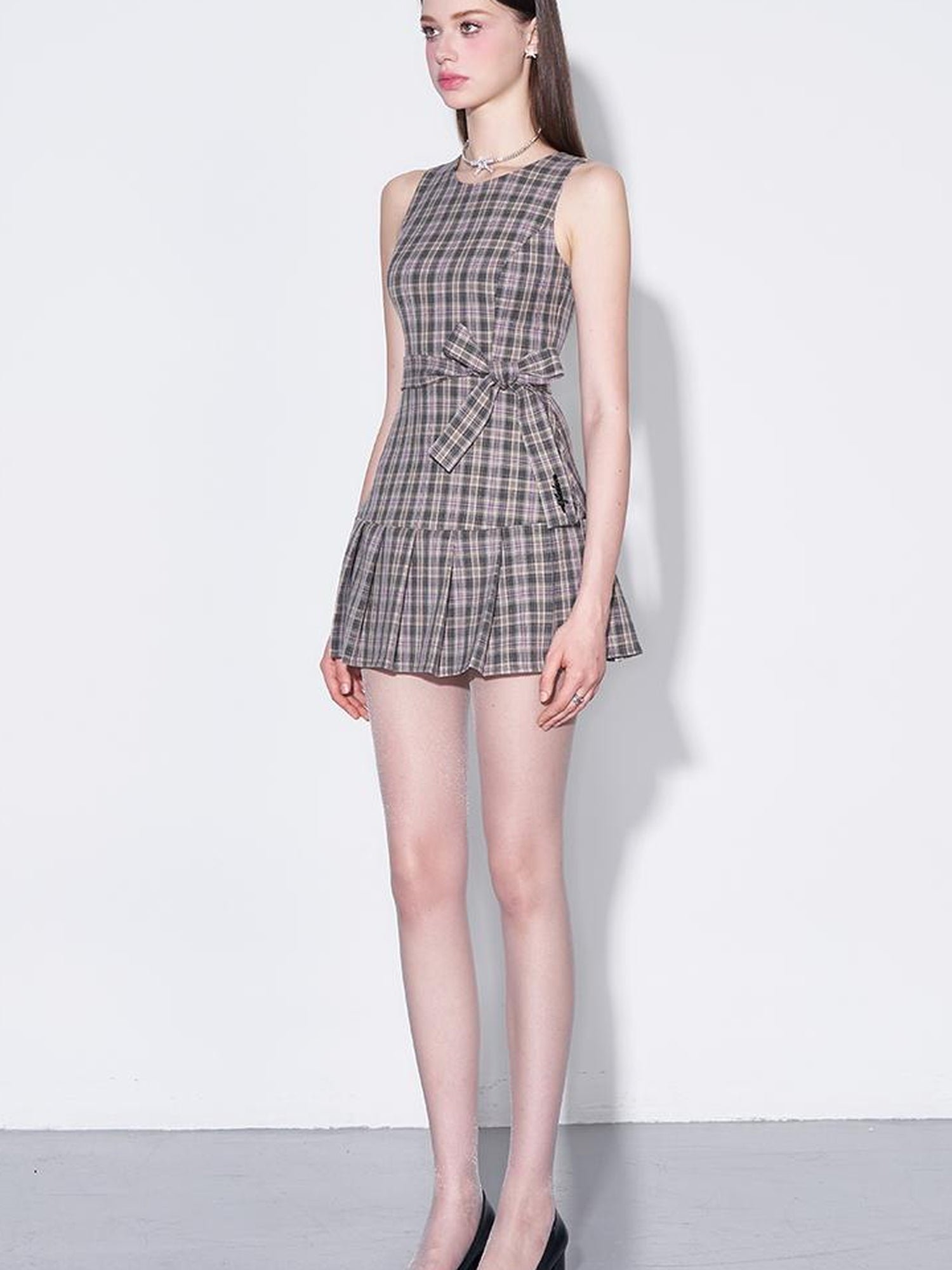 AFTADAWN Retro Plaid Bow Tie Waist A Line Dress