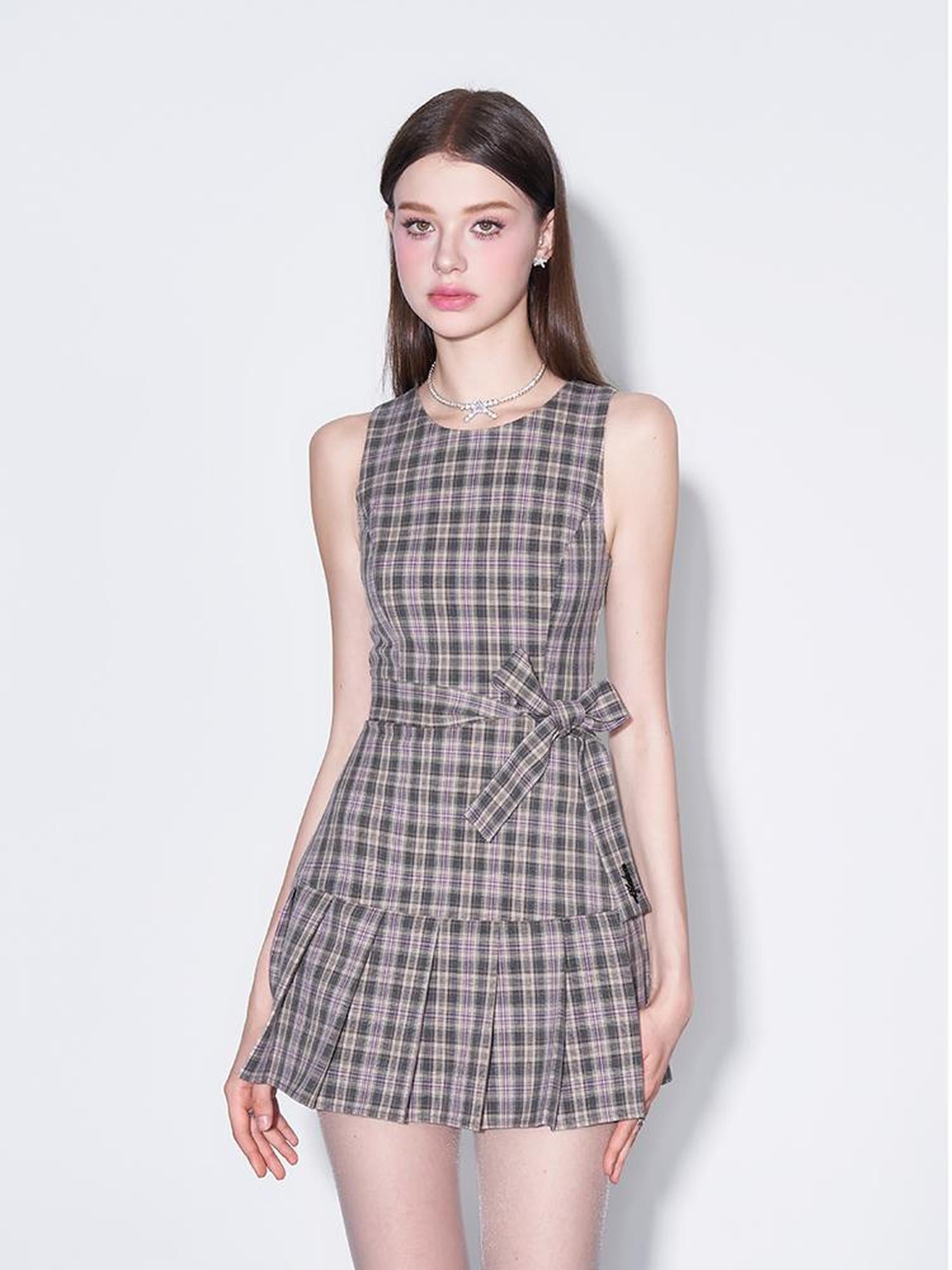 AFTADAWN Retro Plaid Bow Tie Waist A Line Dress