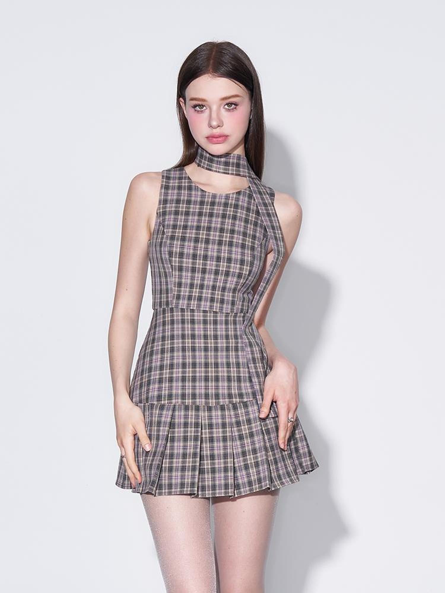 AFTADAWN Retro Plaid Bow Tie Waist A Line Dress