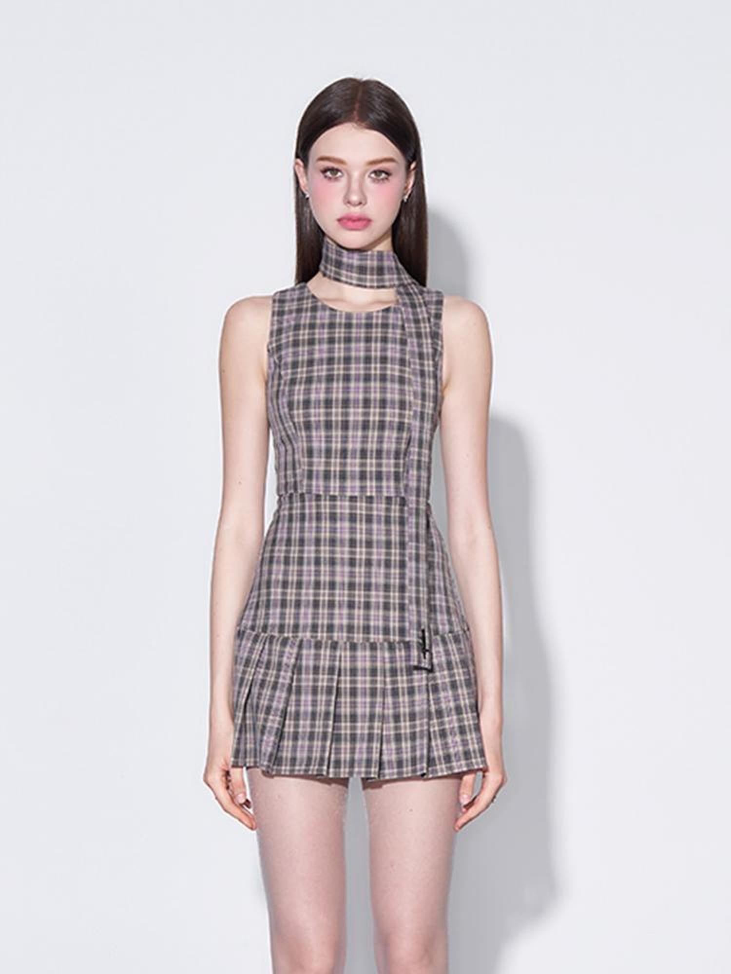 AFTADAWN Retro Plaid Bow Tie Waist A Line Dress