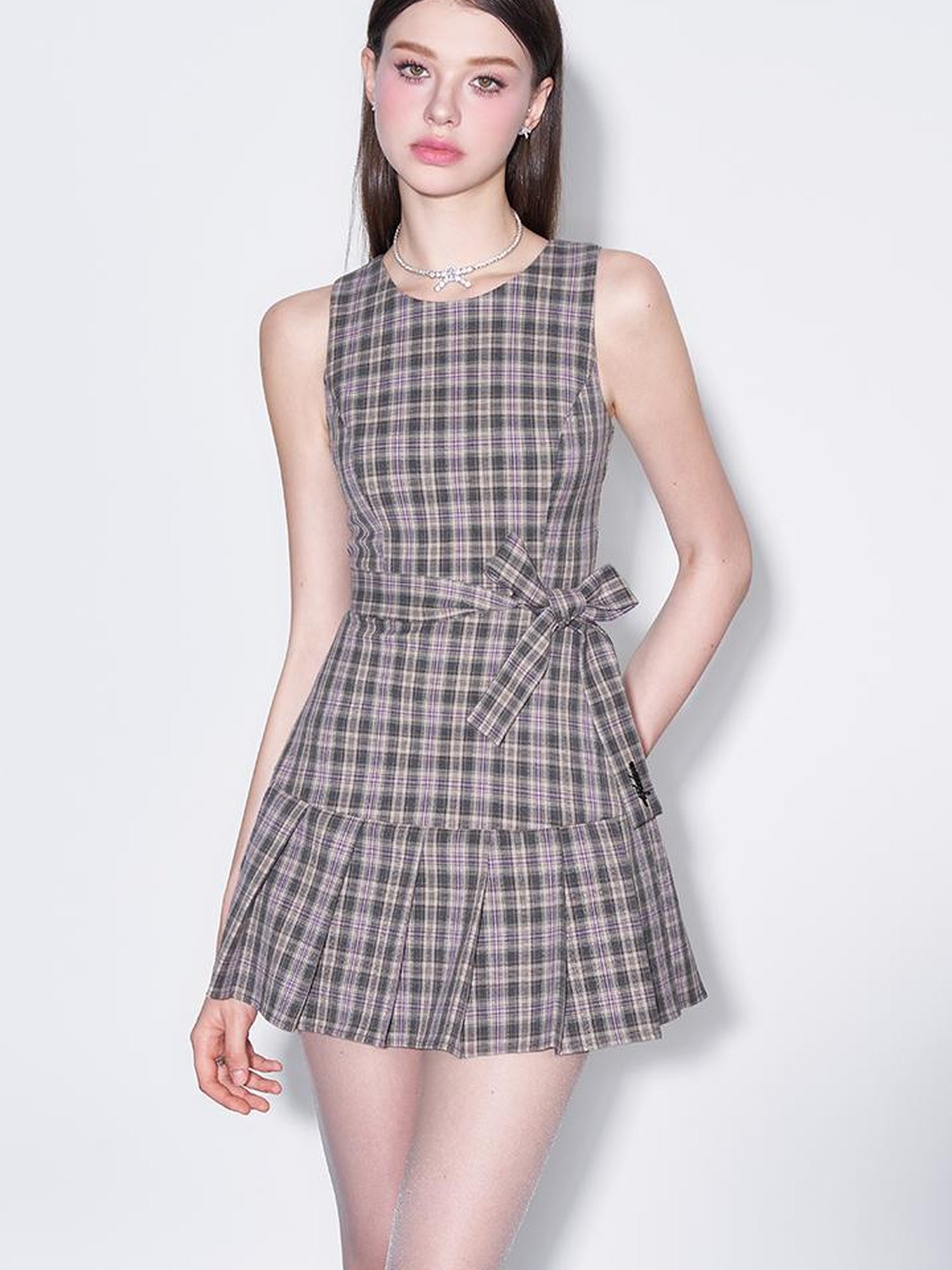 AFTADAWN Retro Plaid Bow Tie Waist A Line Dress