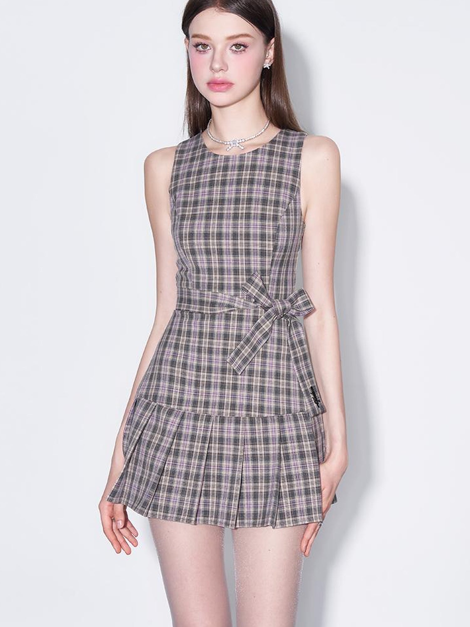 AFTADAWN Retro Plaid Bow Tie Waist A Line Dress