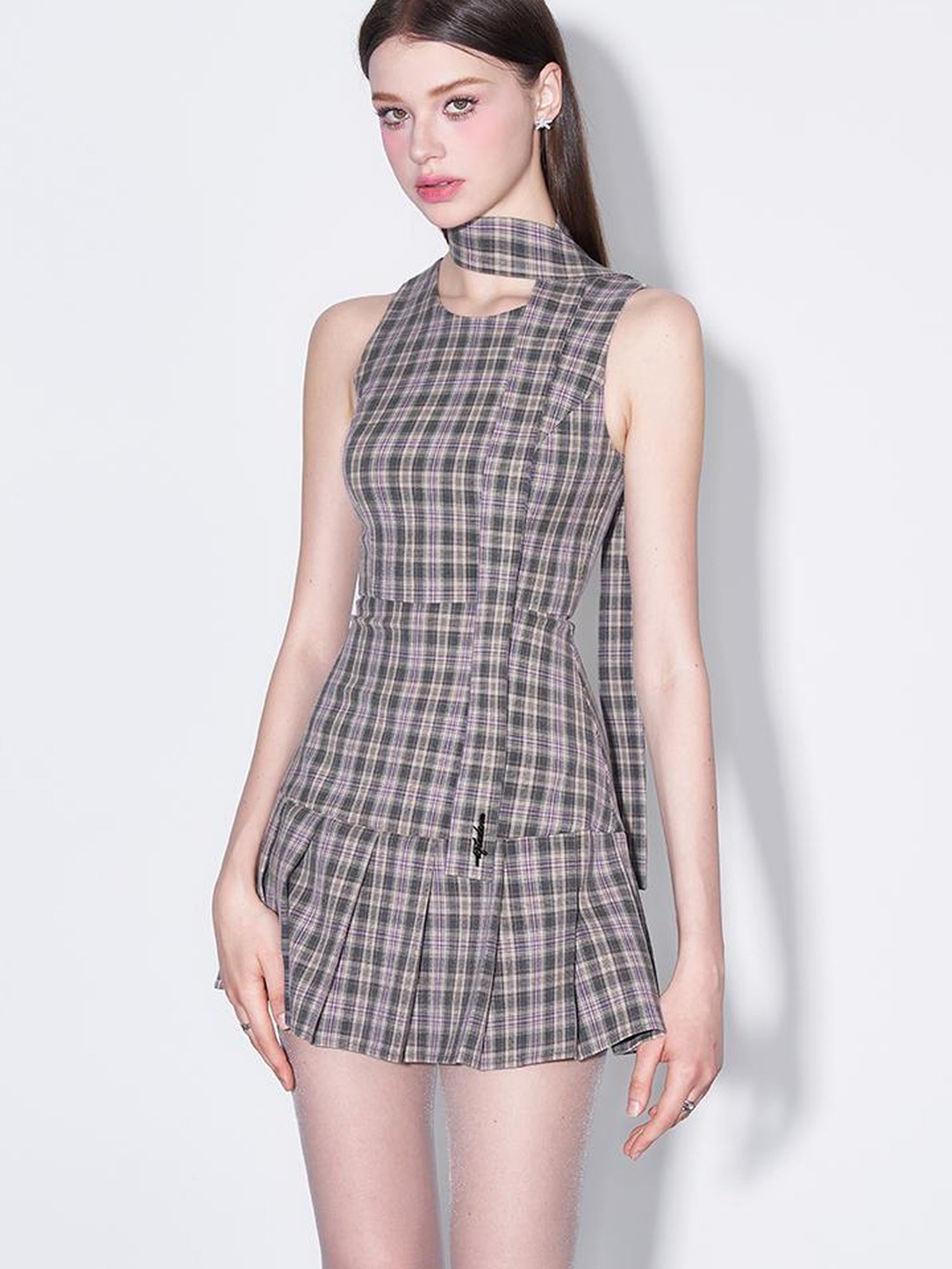 AFTADAWN Retro Plaid Bow Tie Waist A Line Dress