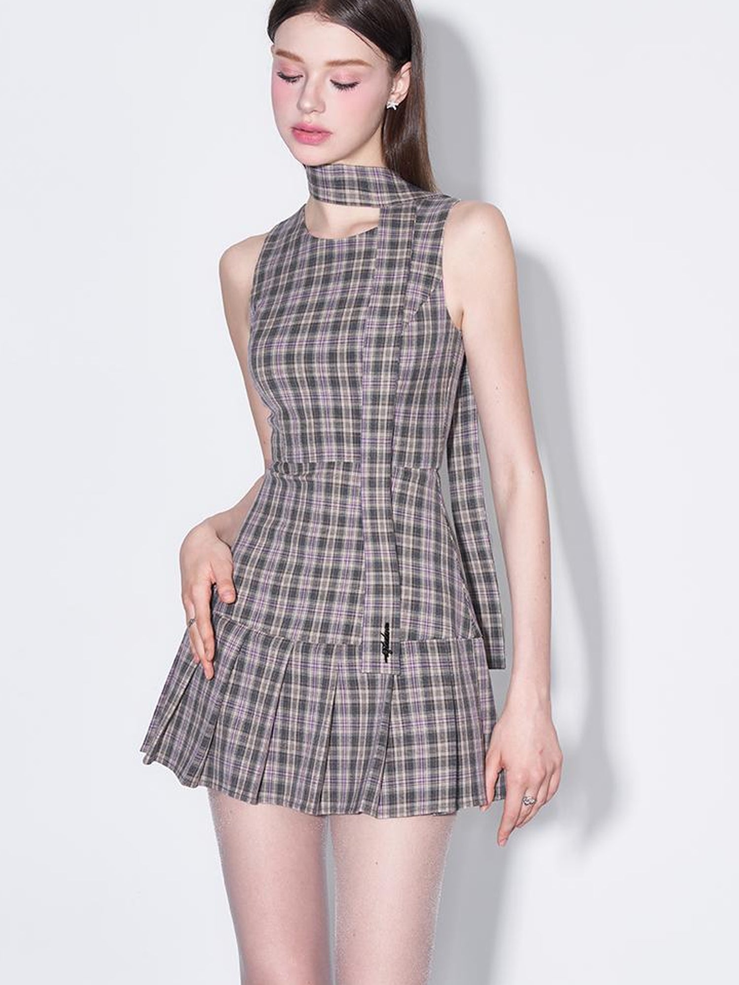 AFTADAWN Retro Plaid Bow Tie Waist A Line Dress