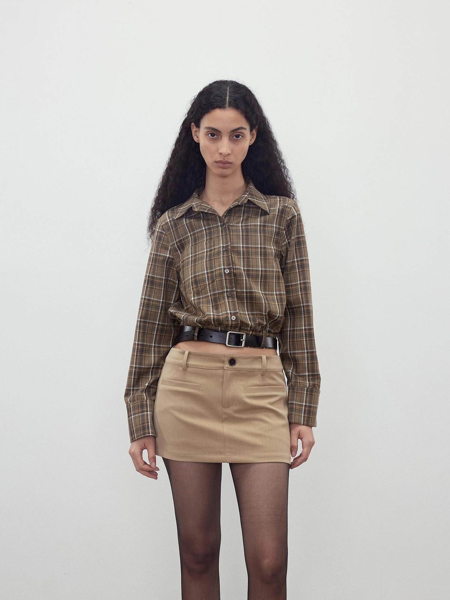 AFTADAWN Retro Plaid Collar Shirt With Detachable Leather Belt
