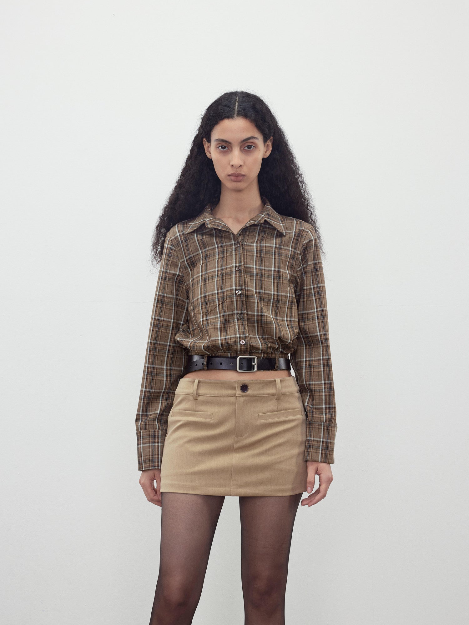 AFTADAWN Retro Plaid Collar Shirt With Detachable Leather Belt
