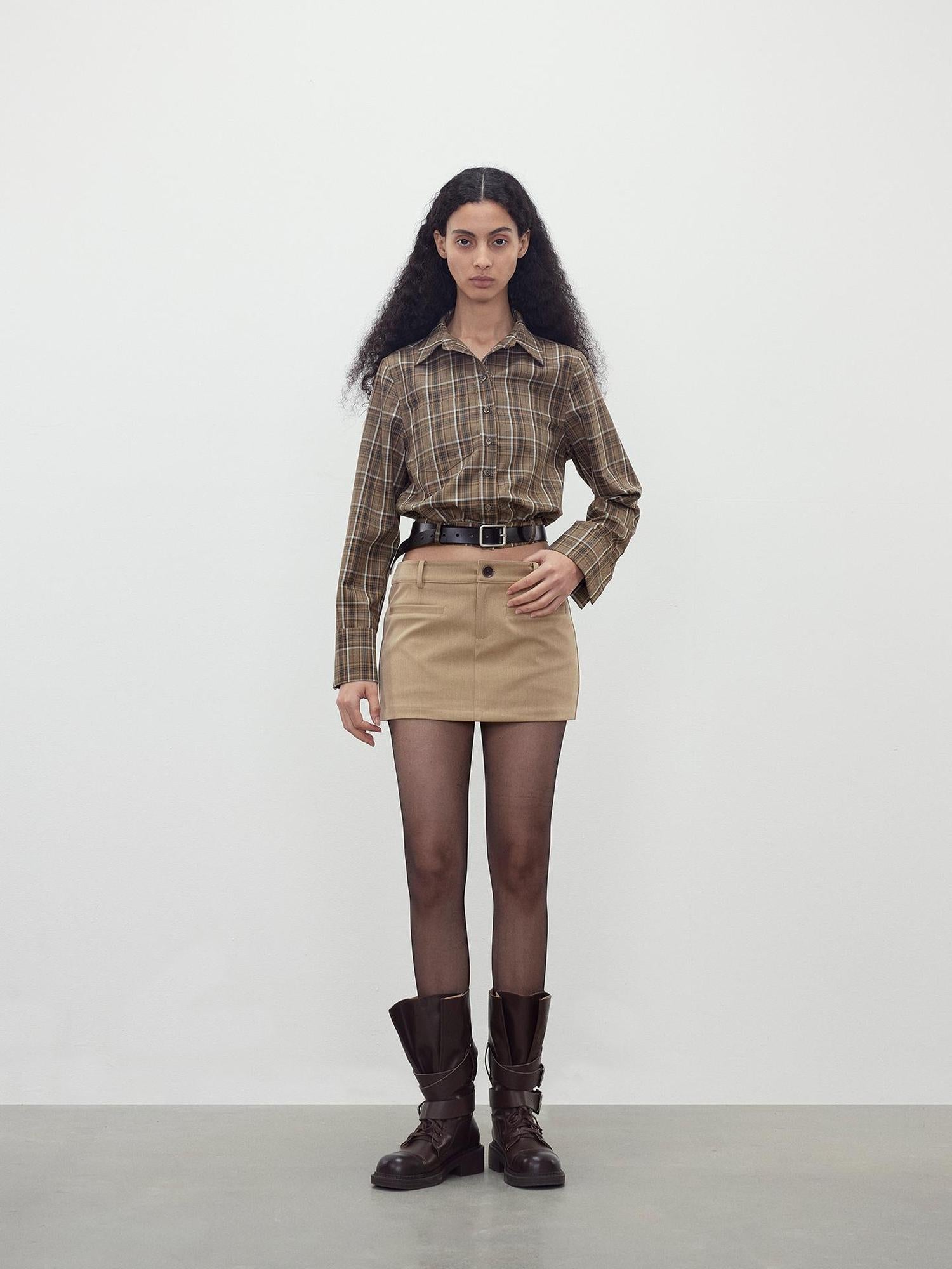 AFTADAWN Retro Plaid Collar Shirt With Detachable Leather Belt