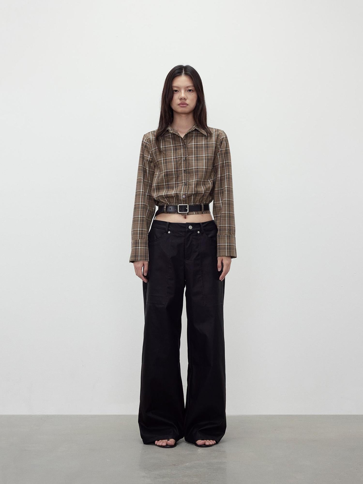 AFTADAWN Retro Plaid Collar Shirt With Detachable Leather Belt