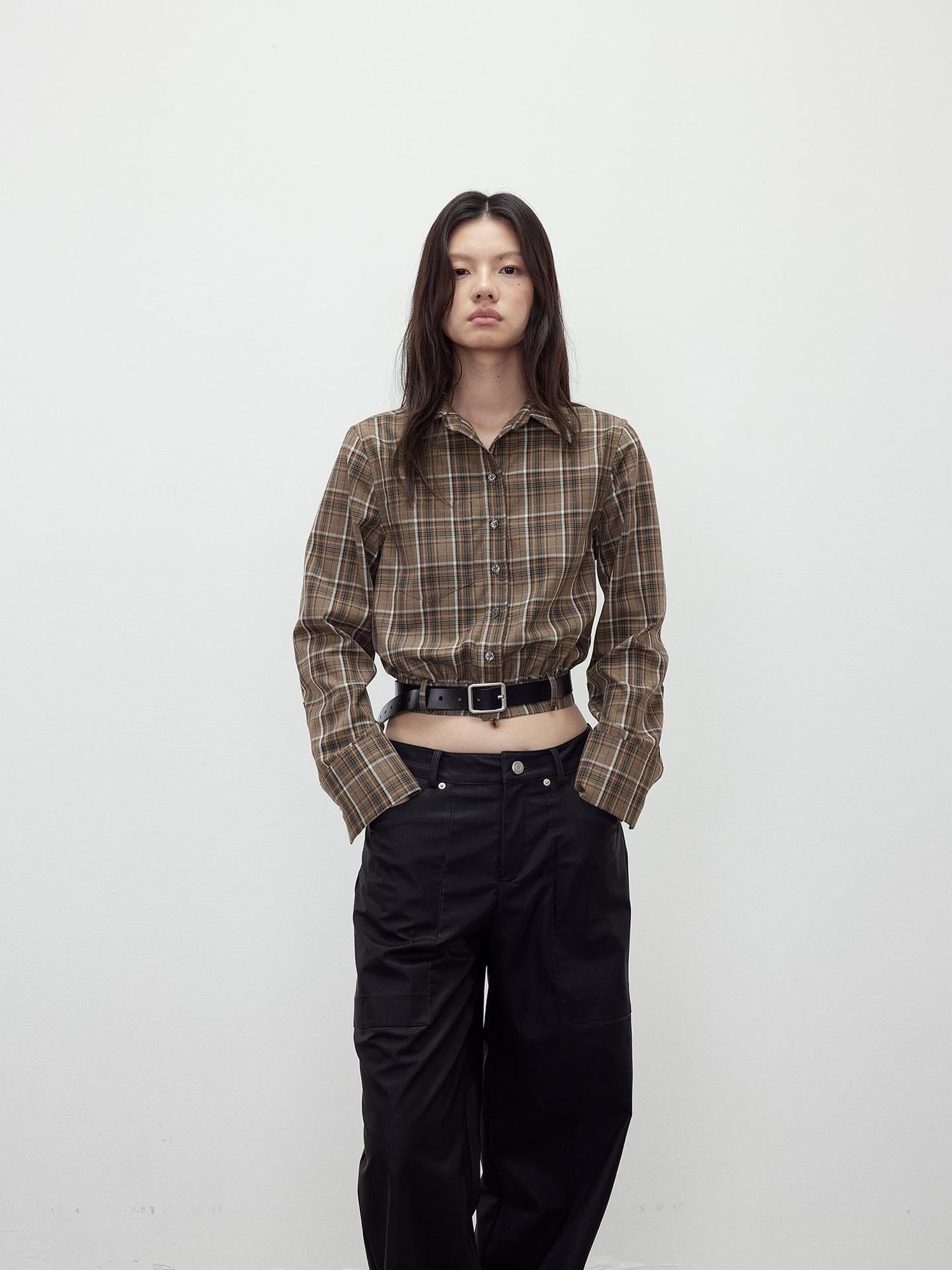 AFTADAWN Retro Plaid Collar Shirt With Detachable Leather Belt