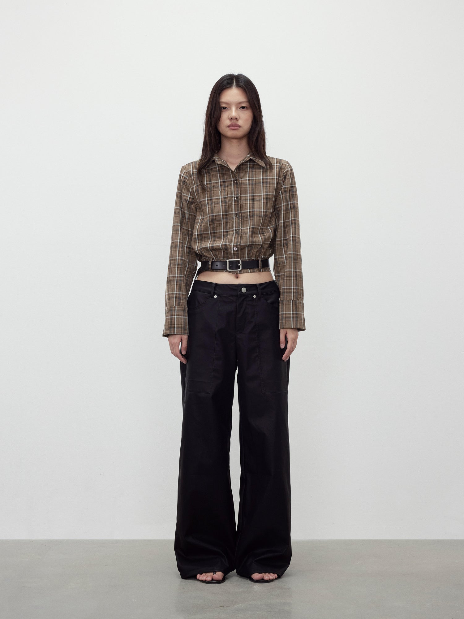 AFTADAWN Retro Plaid Collar Shirt With Detachable Leather Belt