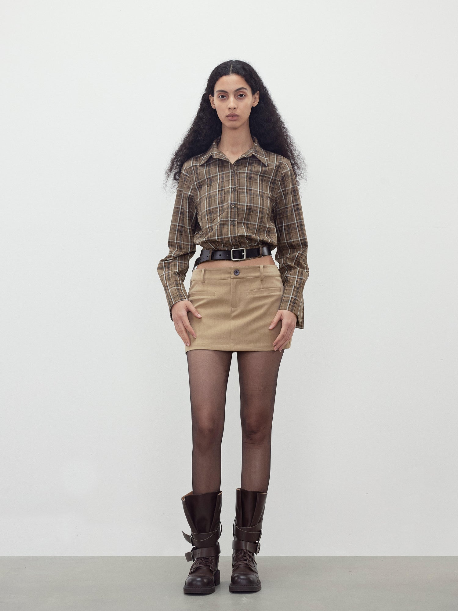 AFTADAWN Retro Plaid Collar Shirt With Detachable Leather Belt