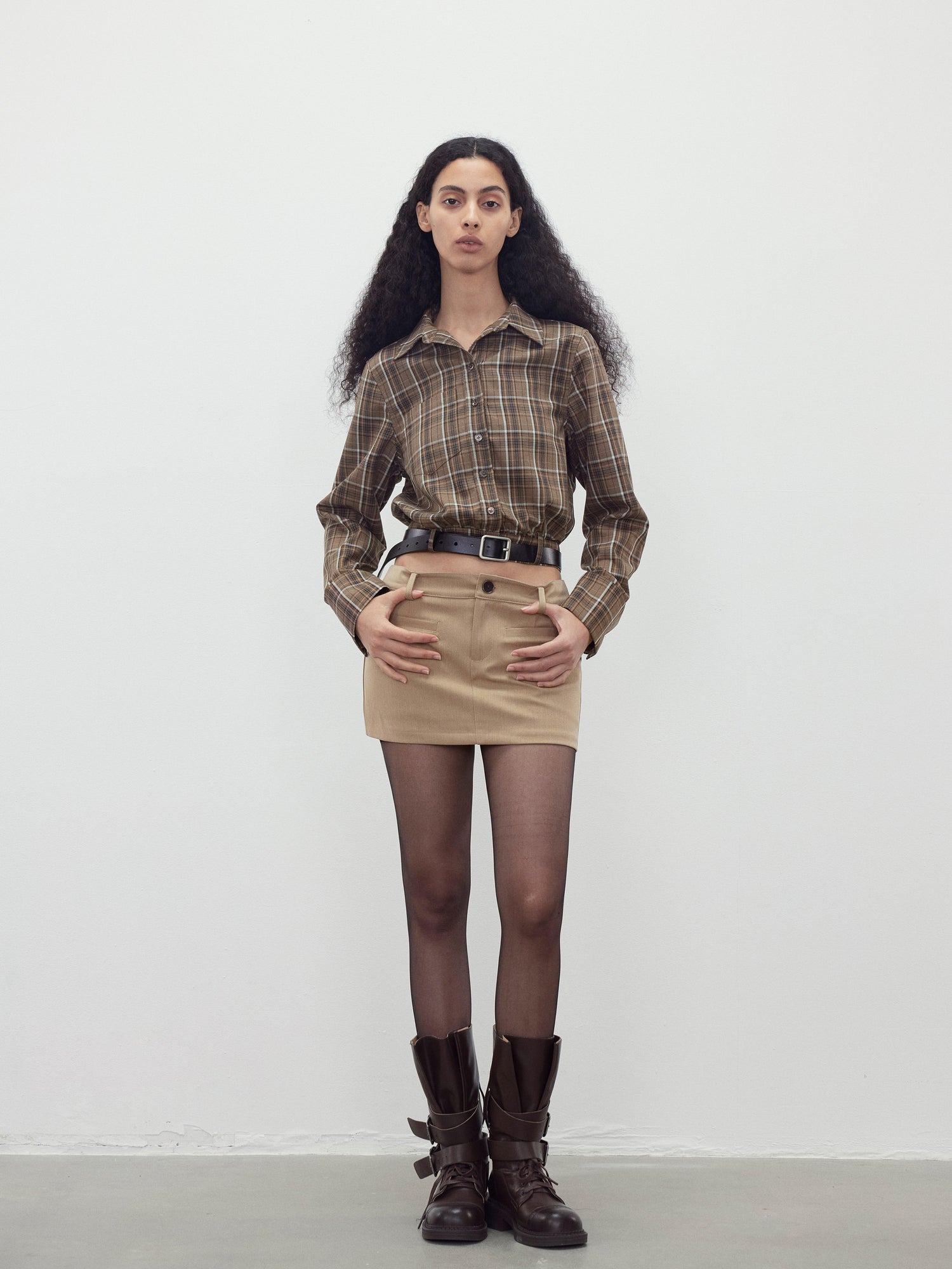 AFTADAWN Retro Plaid Collar Shirt With Detachable Leather Belt