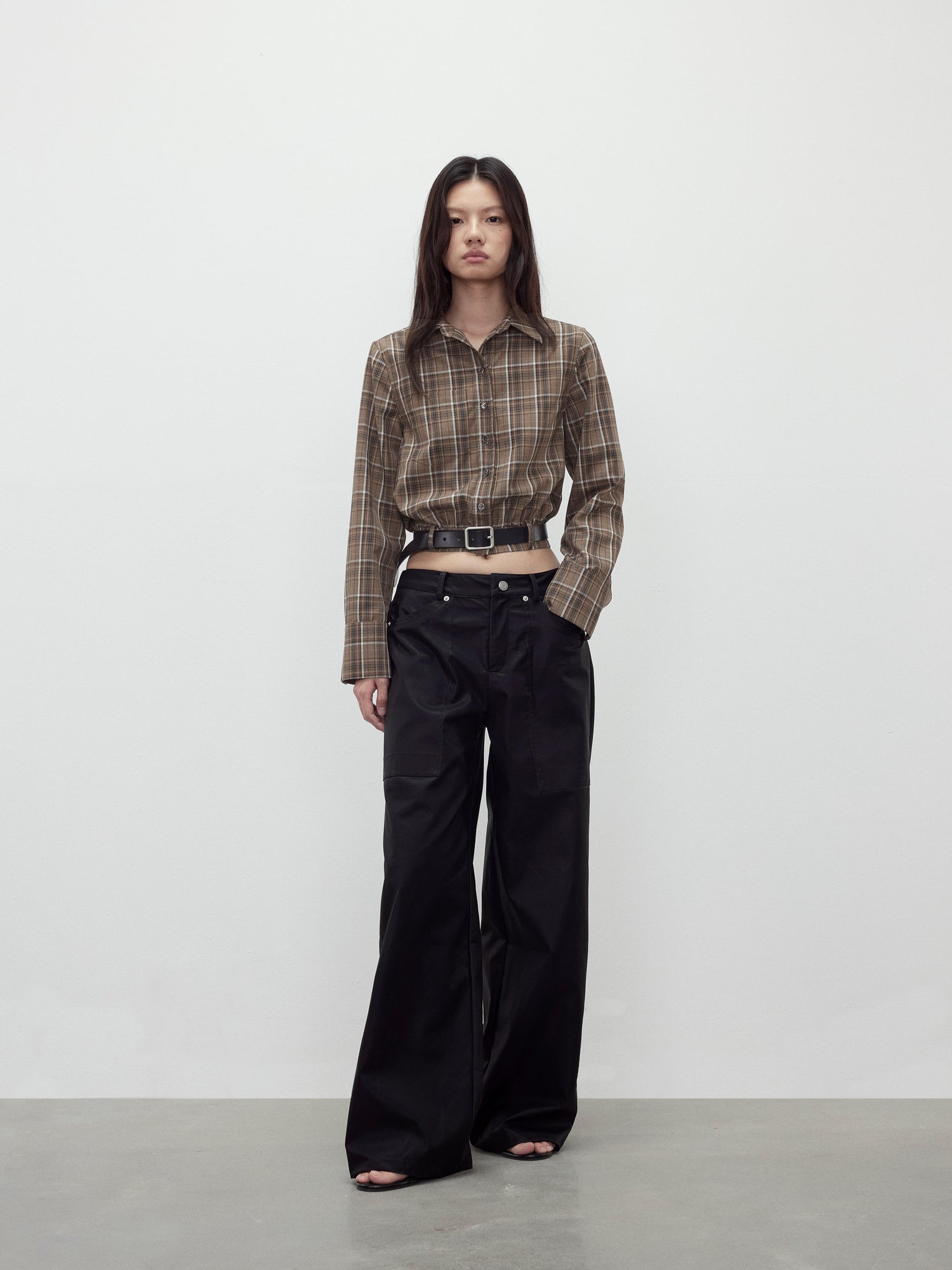 AFTADAWN Retro Plaid Collar Shirt With Detachable Leather Belt