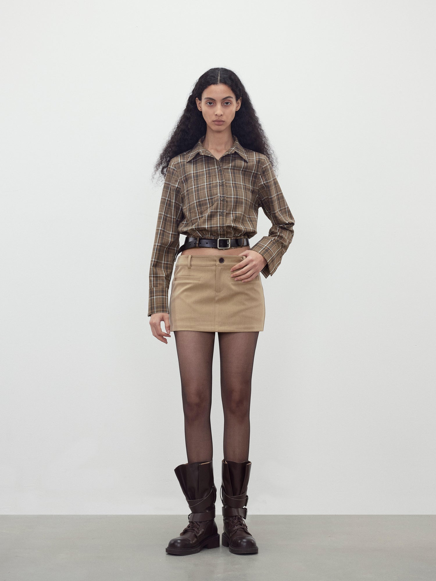 AFTADAWN Retro Plaid Collar Shirt With Detachable Leather Belt