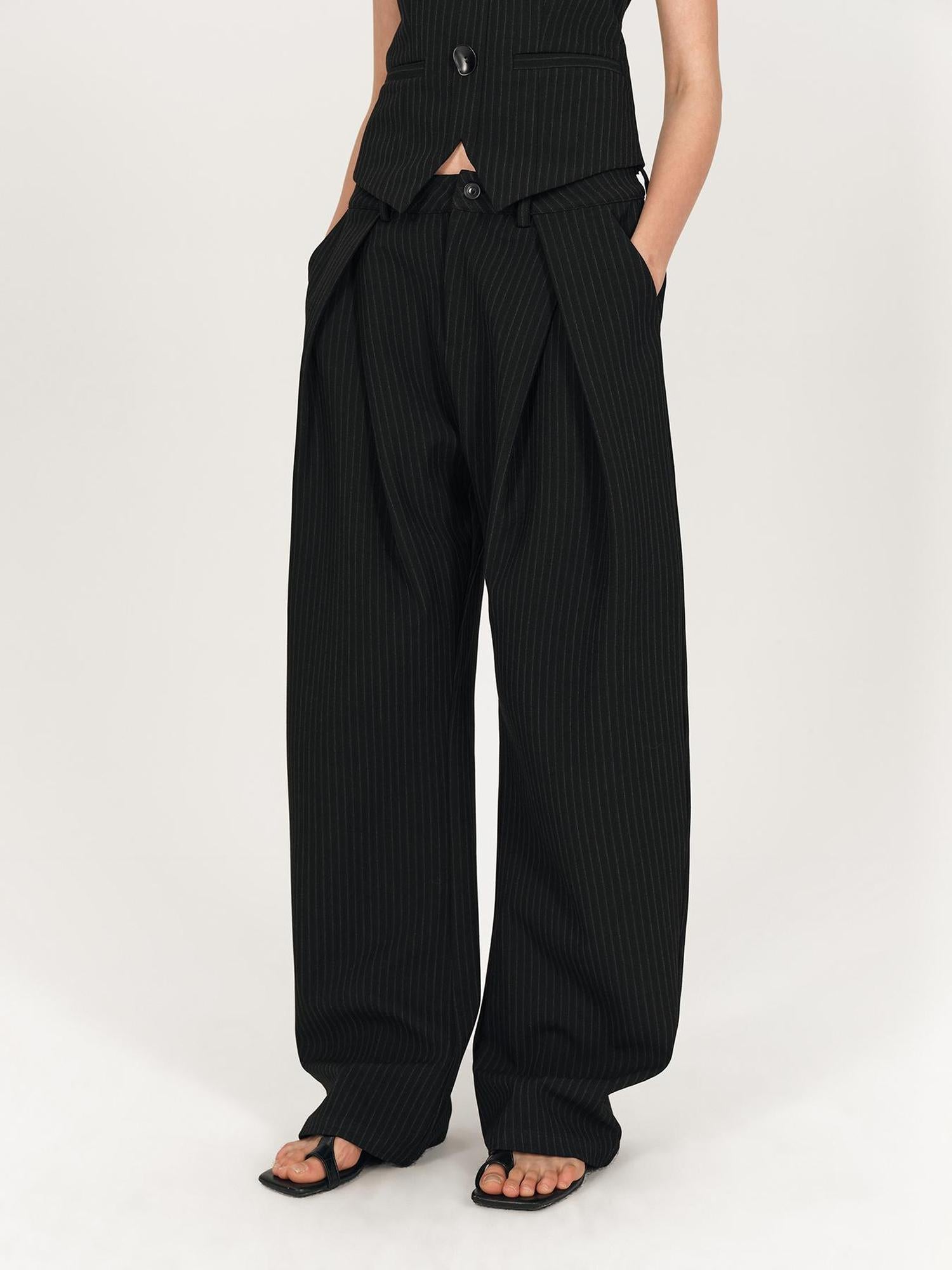 AFTADAWN Retro Striped Wide Leg Trousers With 3D Split Design