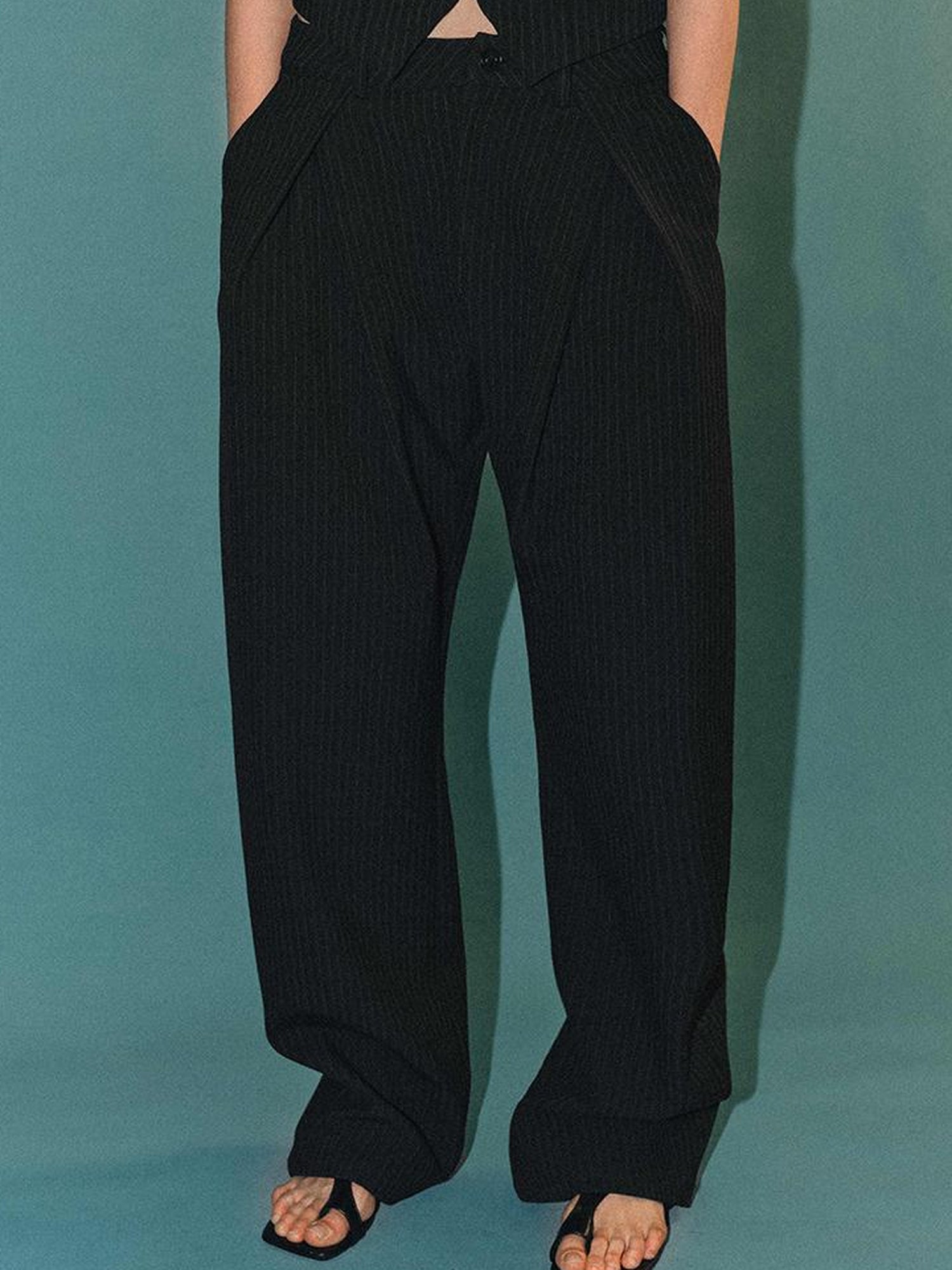 AFTADAWN Retro Striped Wide Leg Trousers With 3D Split Design