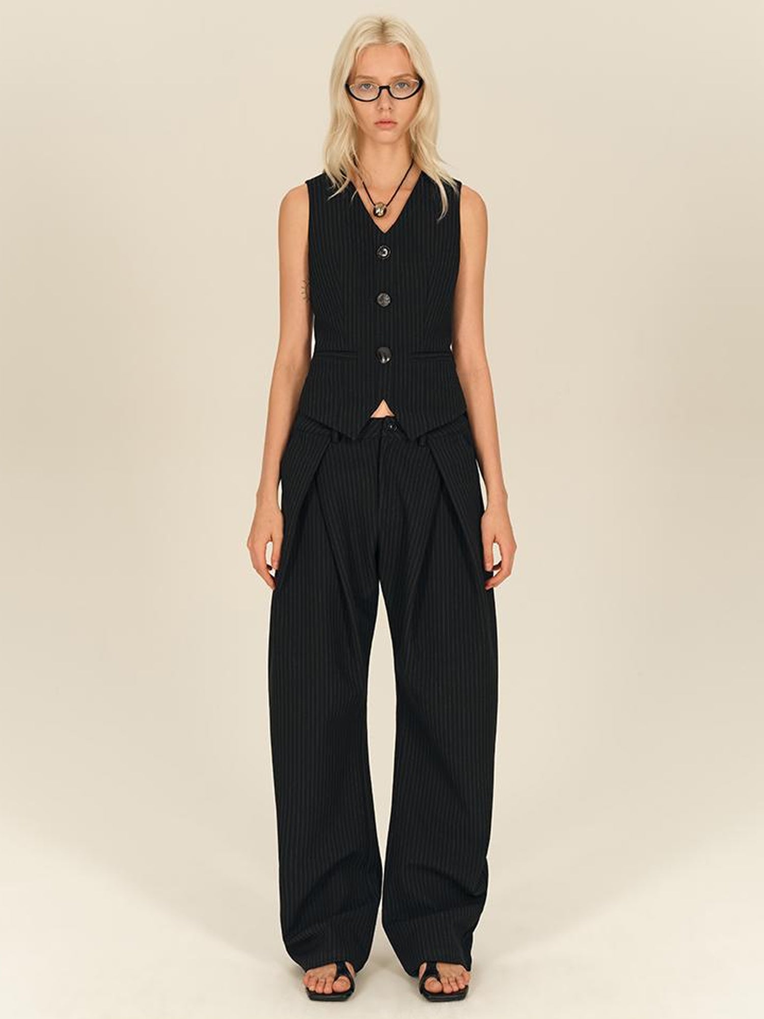 AFTADAWN Retro Striped Wide Leg Trousers With 3D Split Design