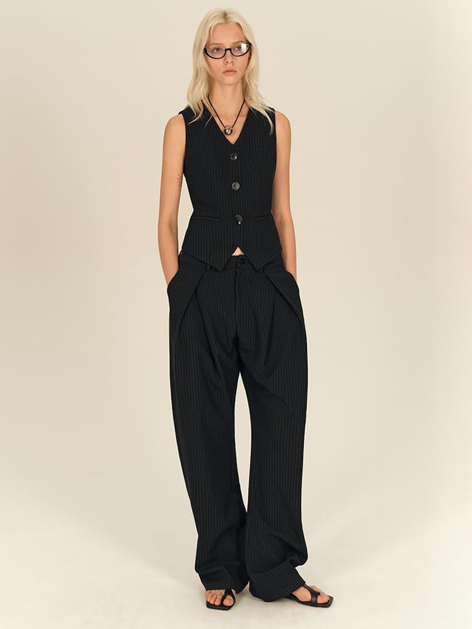 AFTADAWN Retro Striped Wide Leg Trousers With 3D Split Design