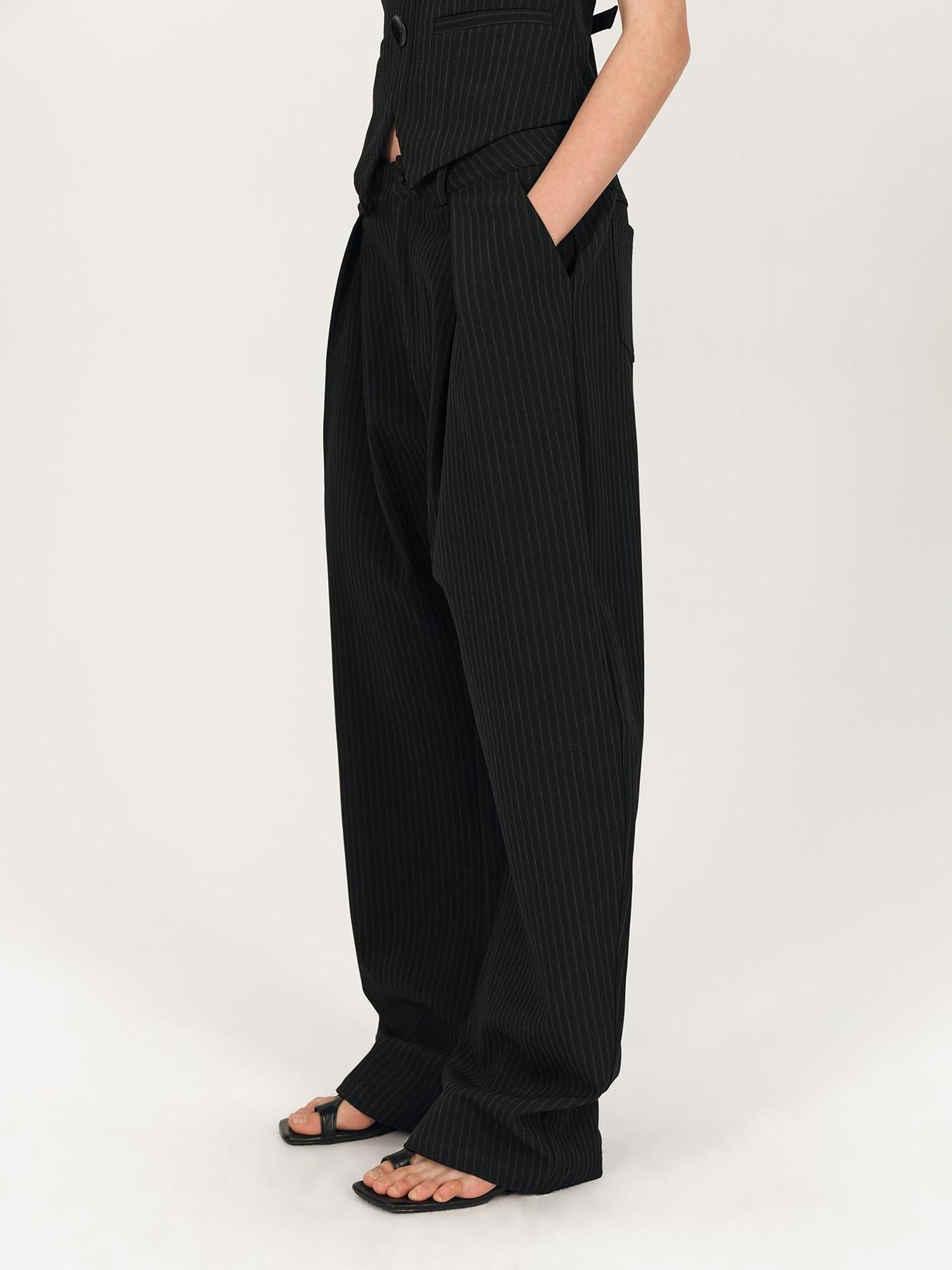 AFTADAWN Retro Striped Wide Leg Trousers With 3D Split Design