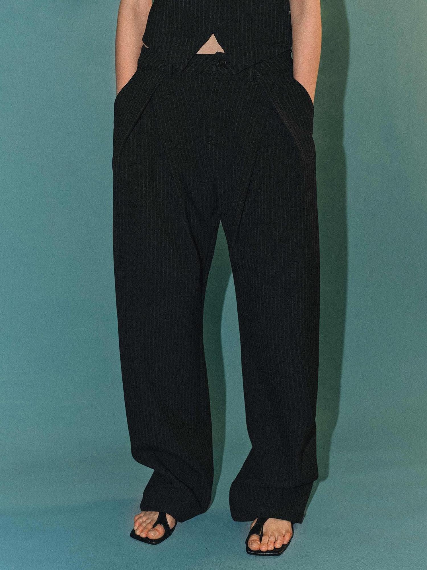 AFTADAWN Retro Striped Wide Leg Trousers With 3D Split Design