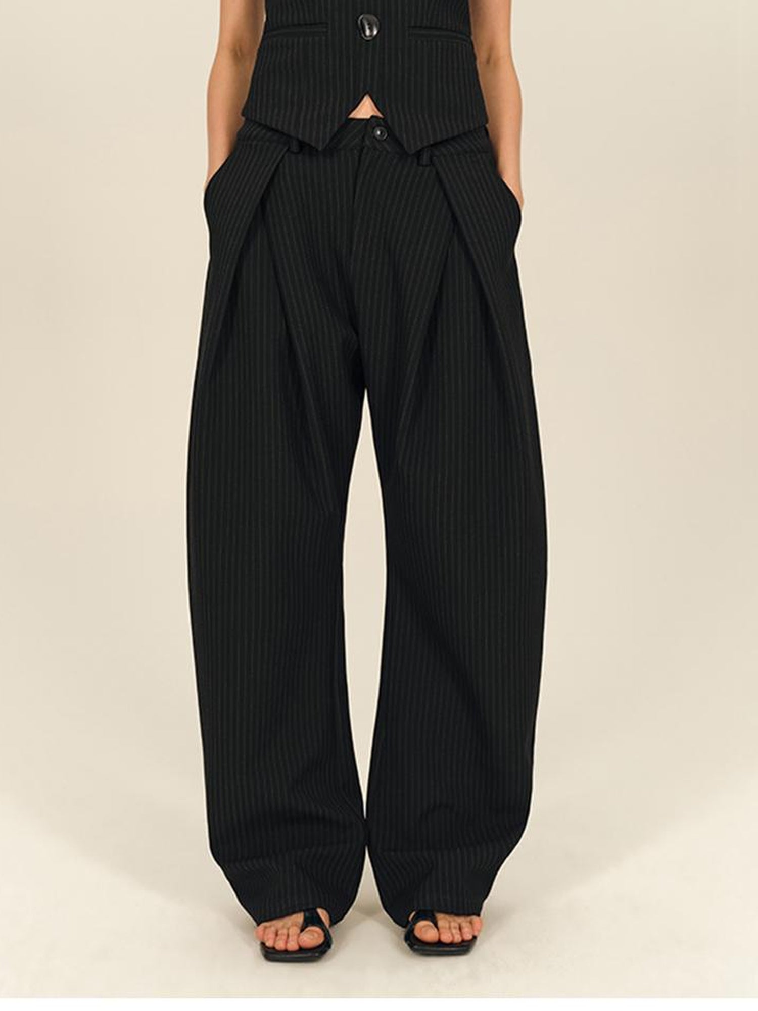 AFTADAWN Retro Striped Wide Leg Trousers With 3D Split Design