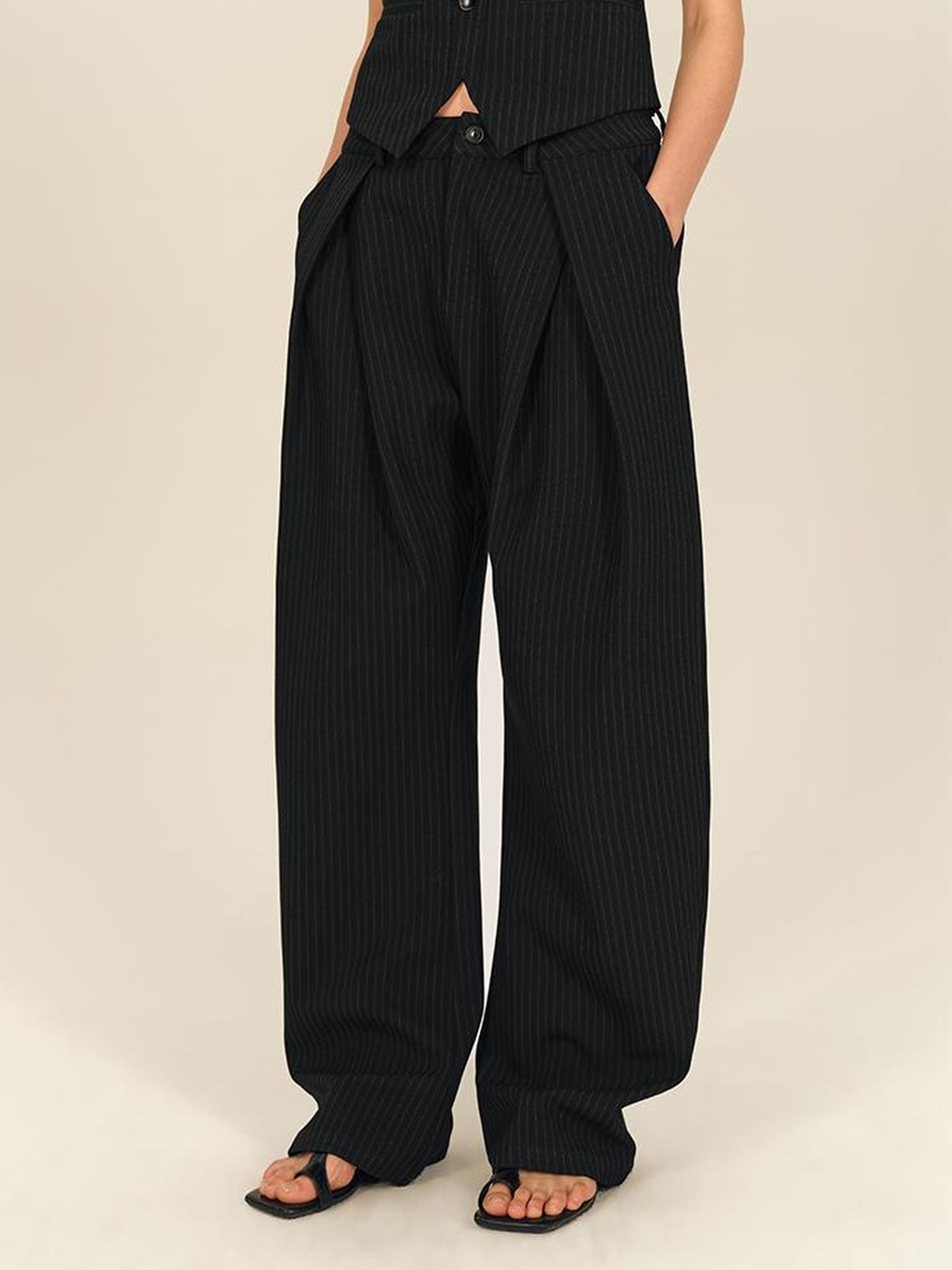 AFTADAWN Retro Striped Wide Leg Trousers With 3D Split Design